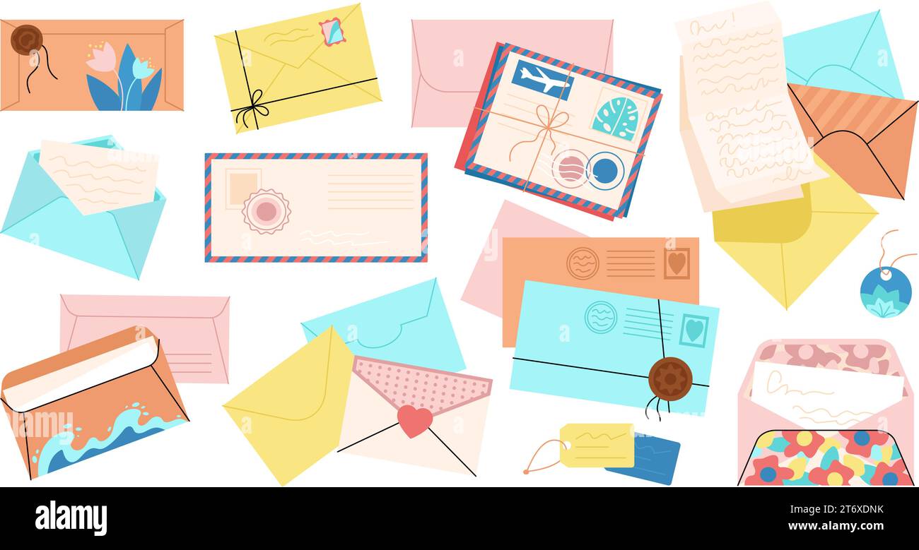 Cartoon enveloppes différentes, enveloppe plate avec lettre et timbres. Passe-temps post-croisement, éléments vintage de courrier faits à la main. Ensemble de vecteurs décents post isolés Illustration de Vecteur