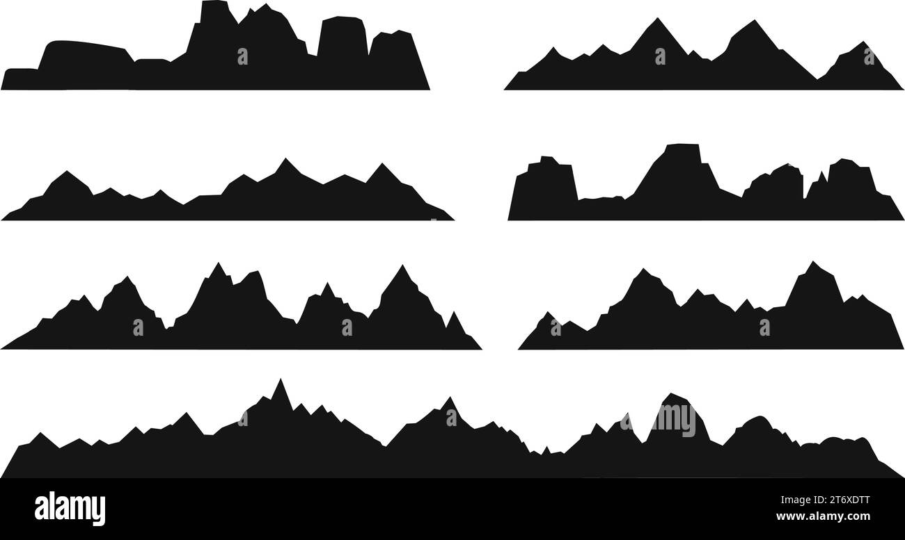 Silhouettes de roche de montagne. Rochers pics, montagnes noires formes de paysage. Falaises et collines vallée. Aventure ou escalade sportive, vecteur de nature décent Illustration de Vecteur