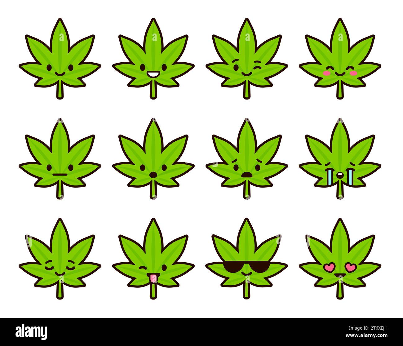 Ensemble d'émoticônes mignons : adorable feuille de cannabis de dessin animé avec des émotions différentes. Illustration d'emoji vectoriel plat. Illustration de Vecteur