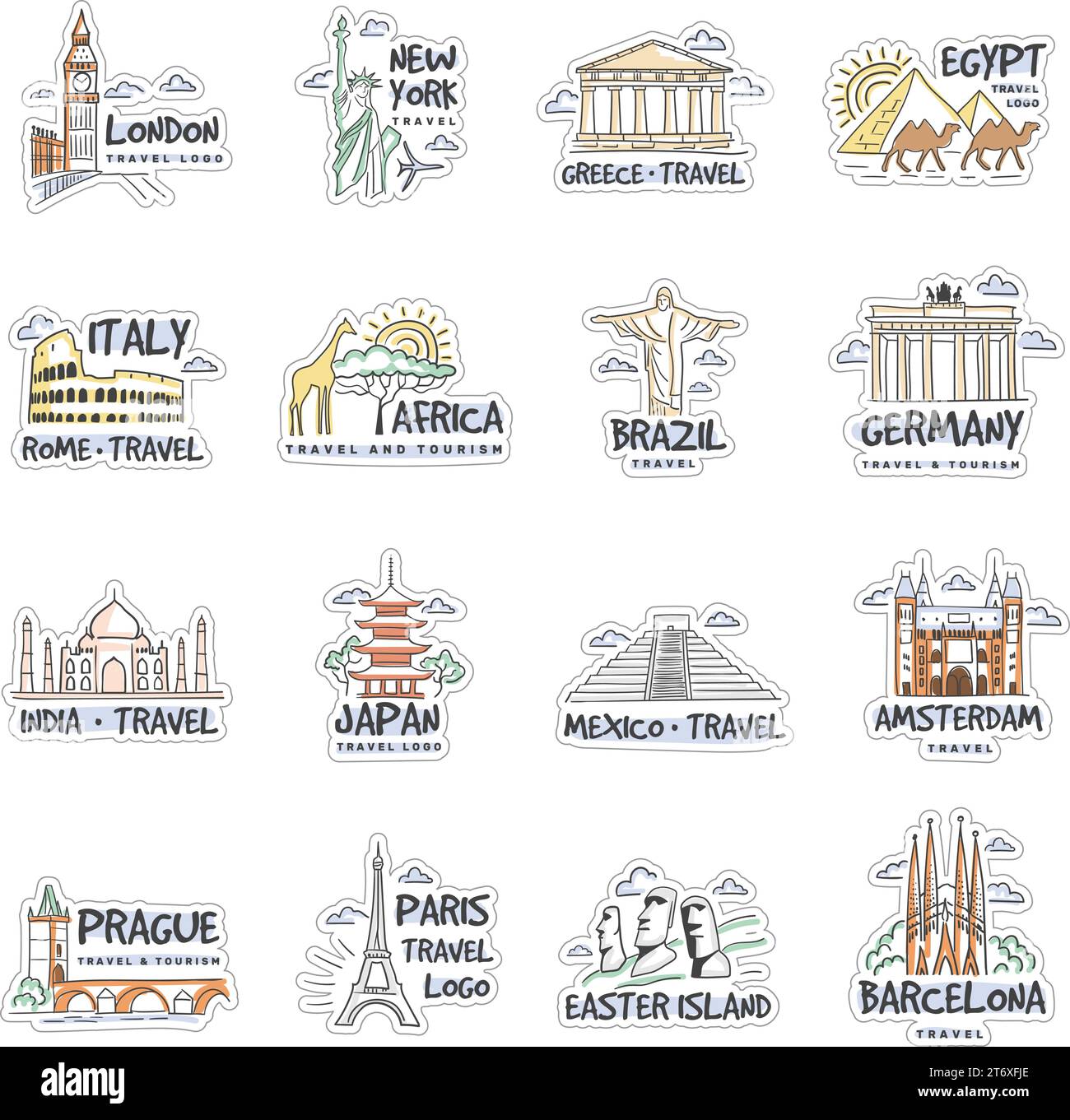 Logo touristique. Collection de monuments historiques pour les badges d'affaires de la société de voyage et d'aventure modèles vectoriels récents Illustration de Vecteur