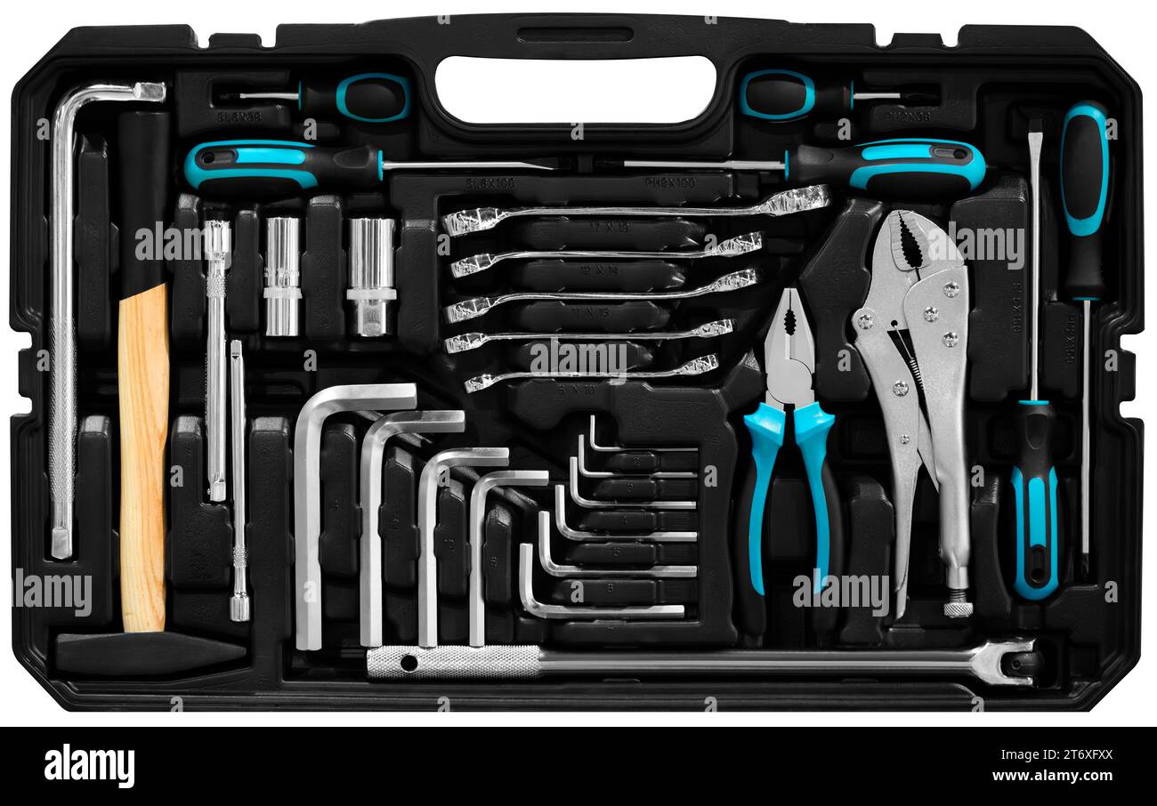 kit d'outils mécaniques dans une boîte noire, gros plan du kit d'outils mécaniques Banque D'Images