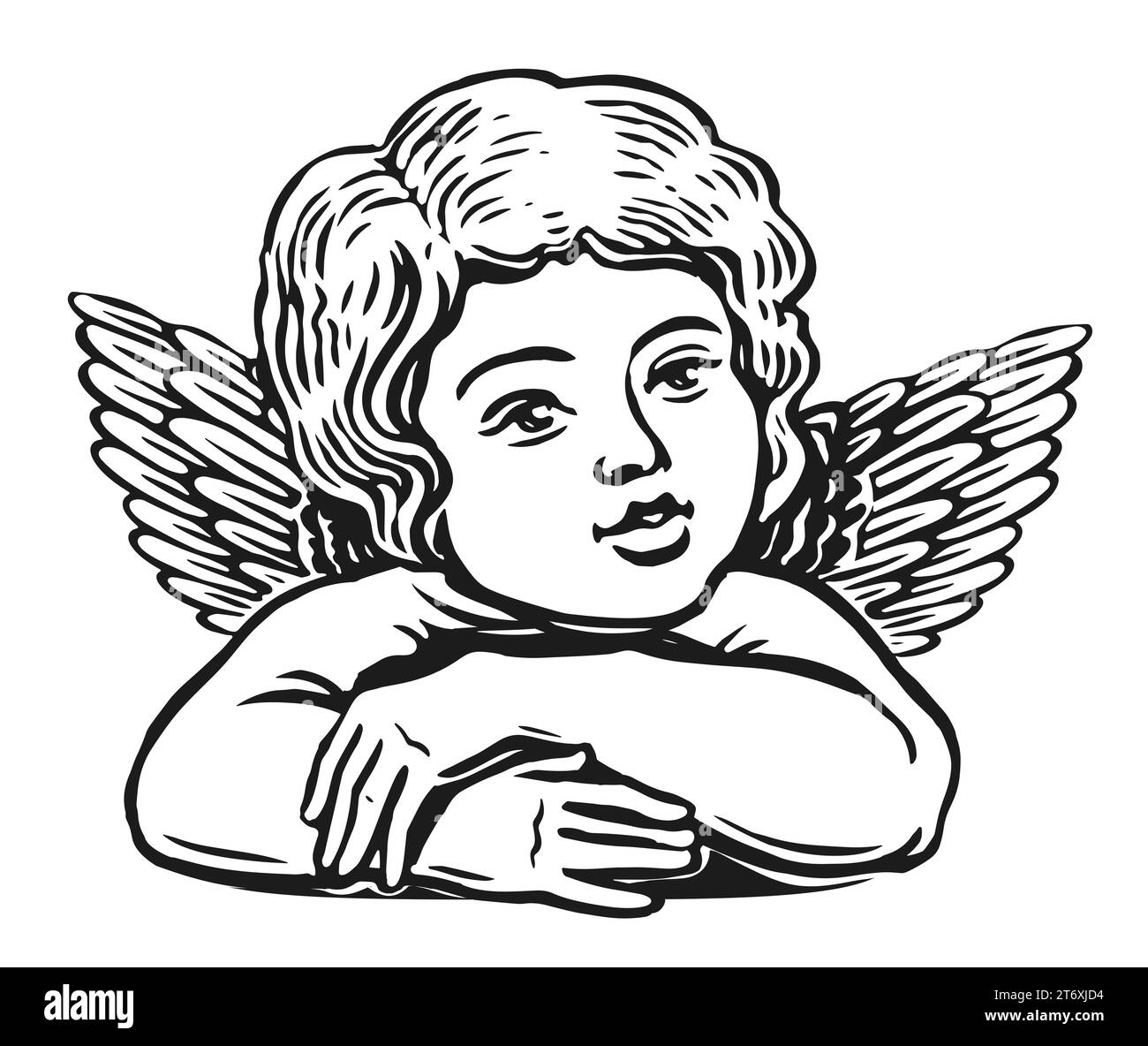 Petit ange dans le style vintage gravure illustration noir et blanc. Bébé mignon avec des ailes Banque D'Images
