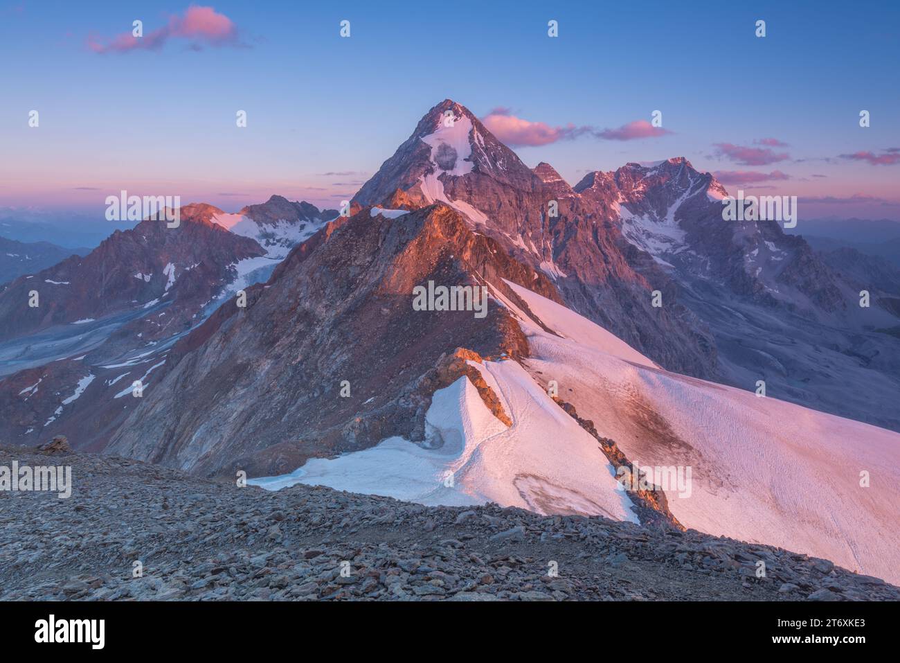 Alpenglow peint la montagne Gran Zebrù lors d'un lever de soleil vivant et solitaire dans les Alpes. Aube au sommet avec vue sur les sommets et les champs de neige. Banque D'Images