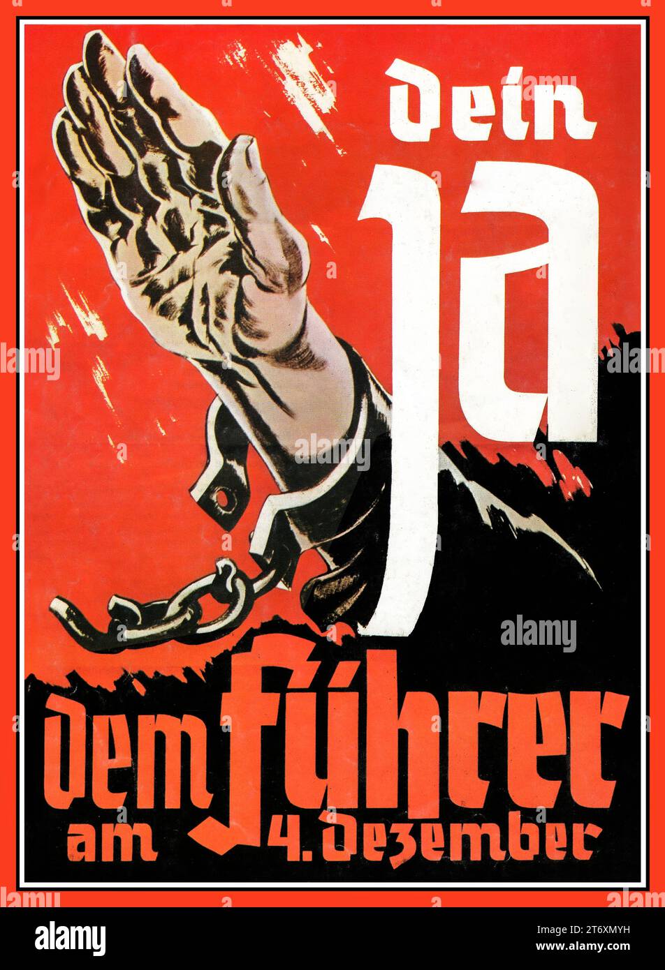 1938 Parti nazi Allemagne élection parlementaire et référendum du 4 décembre Sudetenland NSDAP vote. 'YOUR OUI TO THE FUHRER ON DECEMBER 4th' Dein Fuhrer am 4 December with Heil Hitler parti nazi Salut Nazi Germany 1938 Banque D'Images