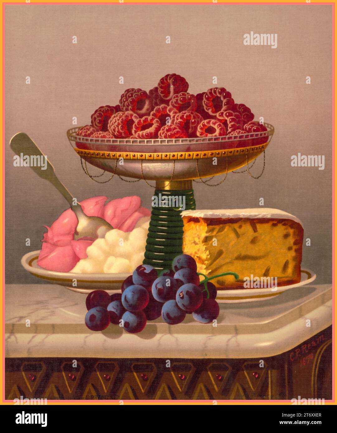 Vintage luxe victorien dessert 1851 fruits, gâteau, dessert de crème glacée. Dans un cadre raffiné de luxe. Illustration d'un livre de cuisine par l'illustre chef Alexis Soyer Banque D'Images