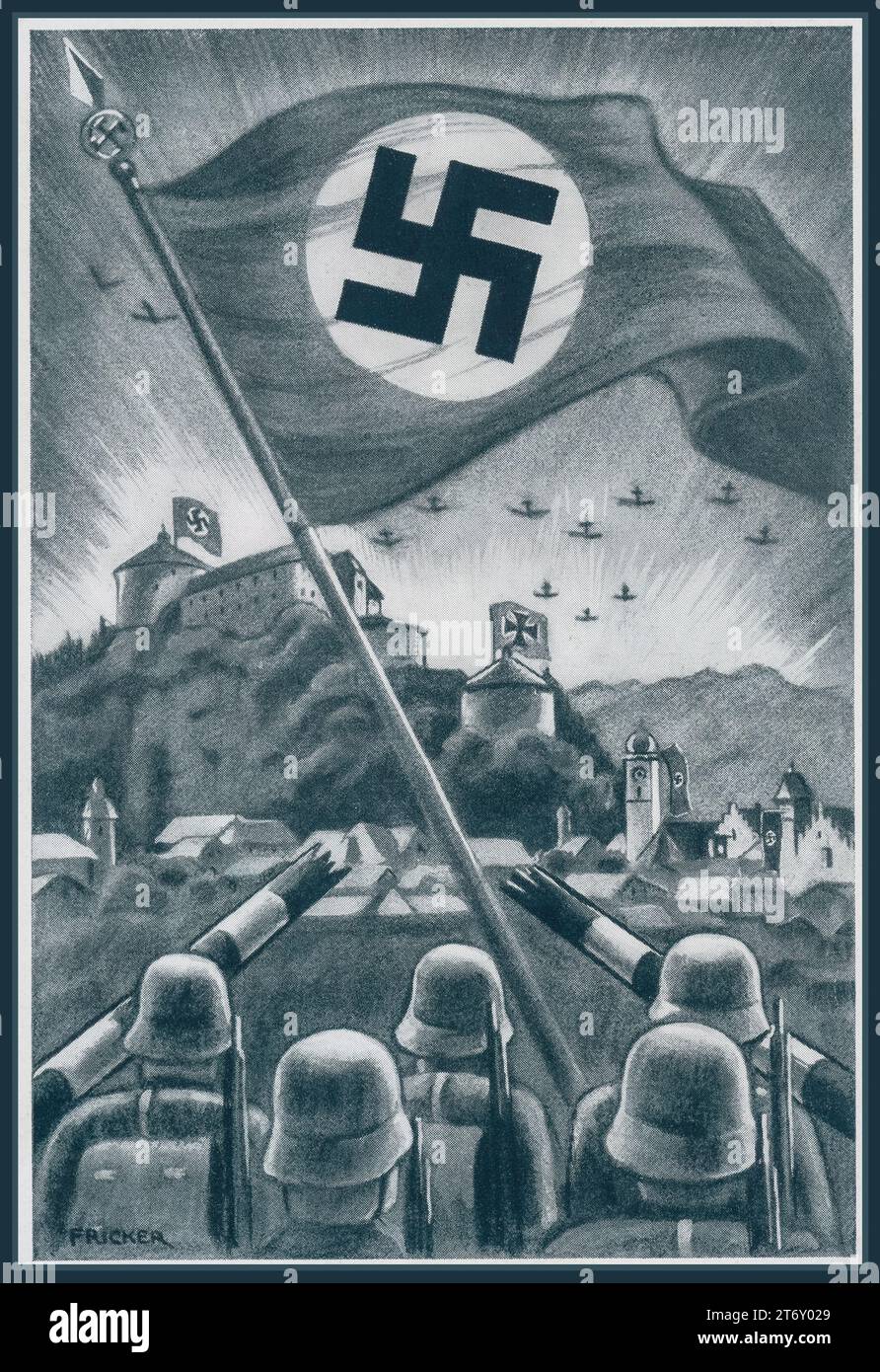 1938 ANSCHLUSS Propaganda illustration carte affiche, célébrant l'occupation de l'unification entre l'Autriche et l'Allemagne. Les troupes de l'Allemagne nazie marchant à travers les barrières autrichiennes avec le drapeau Swastika tenu haut. Artiste « Fricker » Banque D'Images