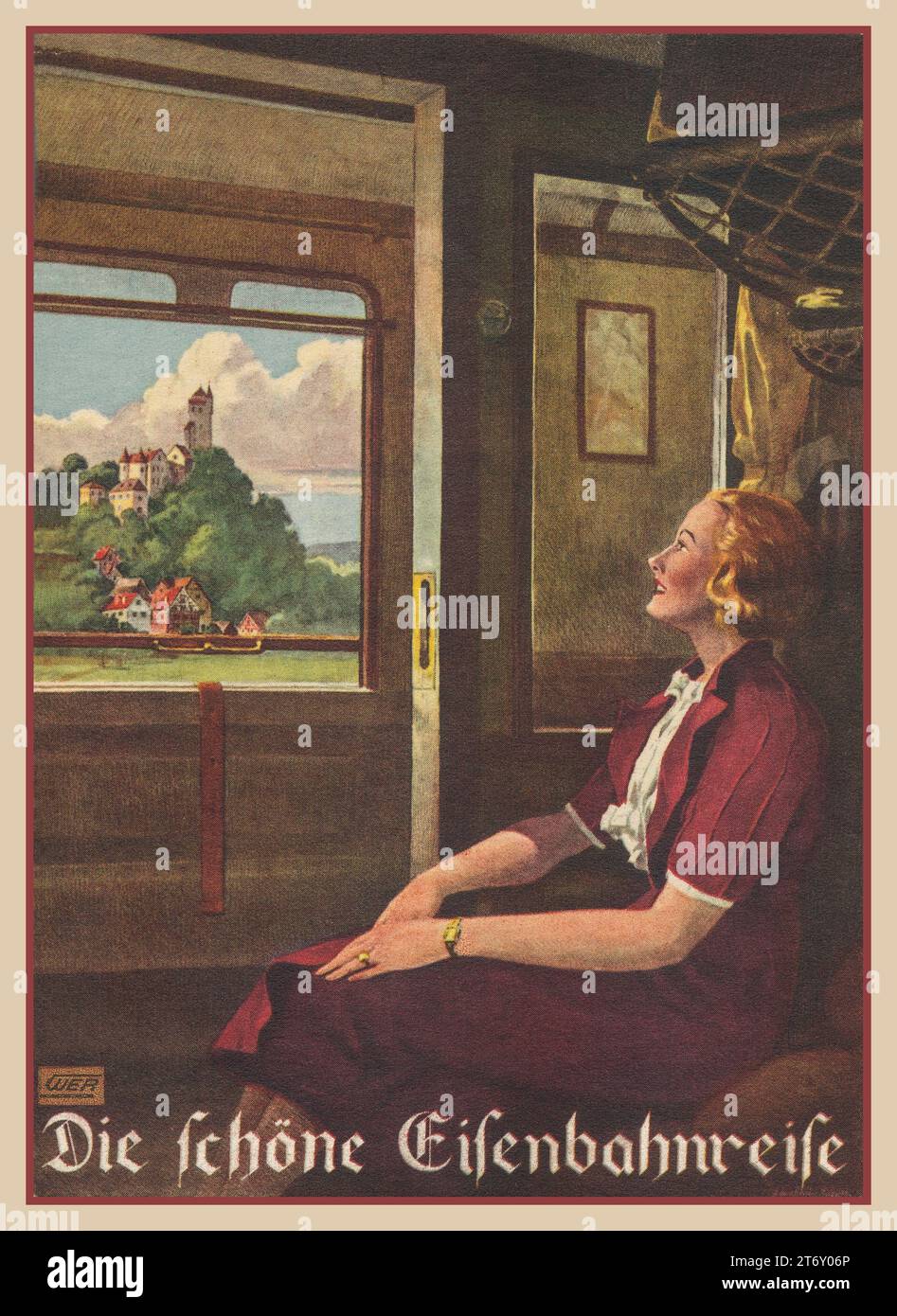 Affiche des chemins de fer allemands des années 1920 intitulée « The Beautiful Journey » illustration représentant une élégante dame dans un wagon de chemin de fer bénéficiant d'une vue panoramique à travers la fenêtre du wagon. Banque D'Images