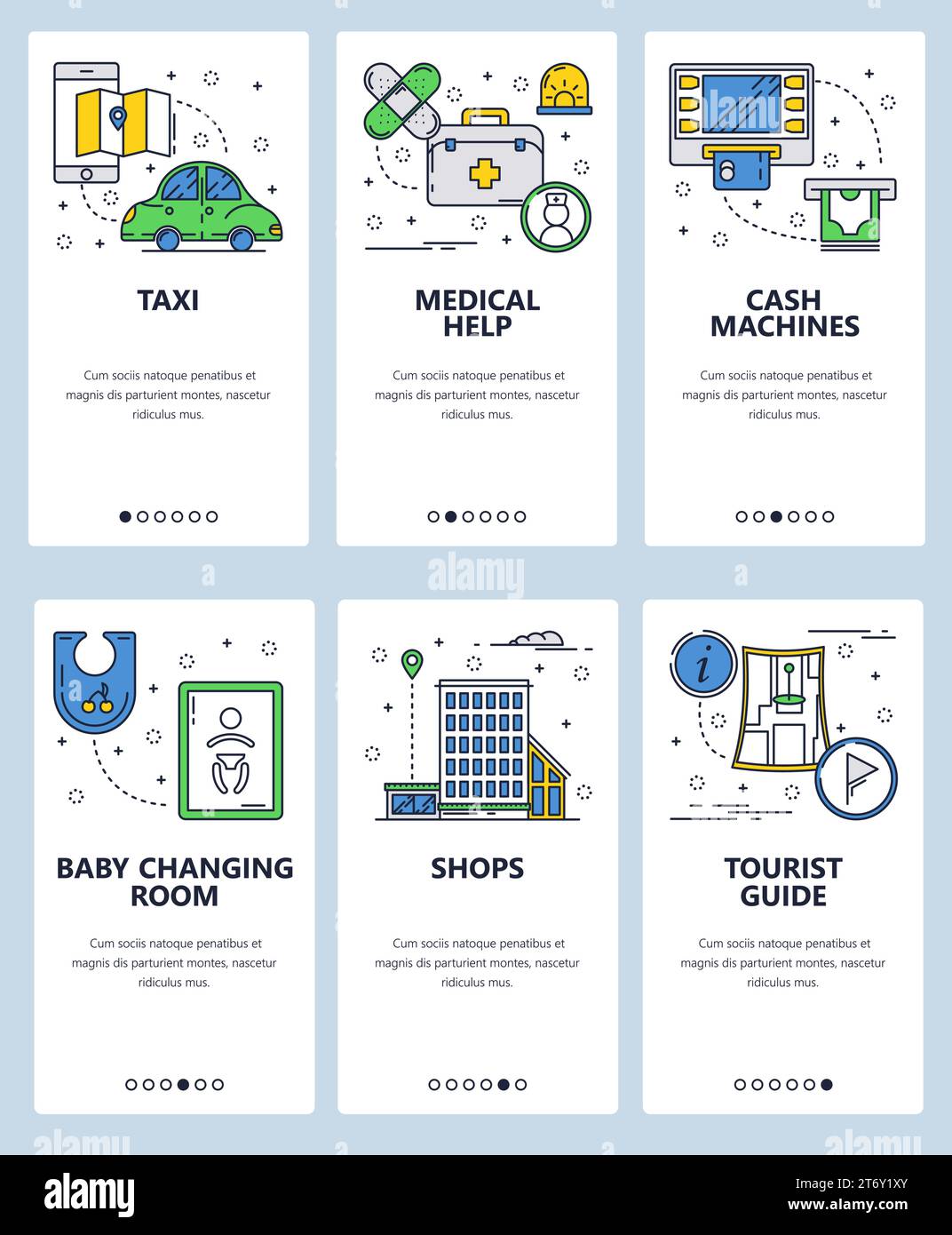 Ensemble vectoriel d'écrans d'intégration d'applications mobiles. Taxi, aide médicale, distributeurs automatiques de billets, vestiaire de bébé, magasins, modèles et bannières Web de guide touristique. TH Illustration de Vecteur