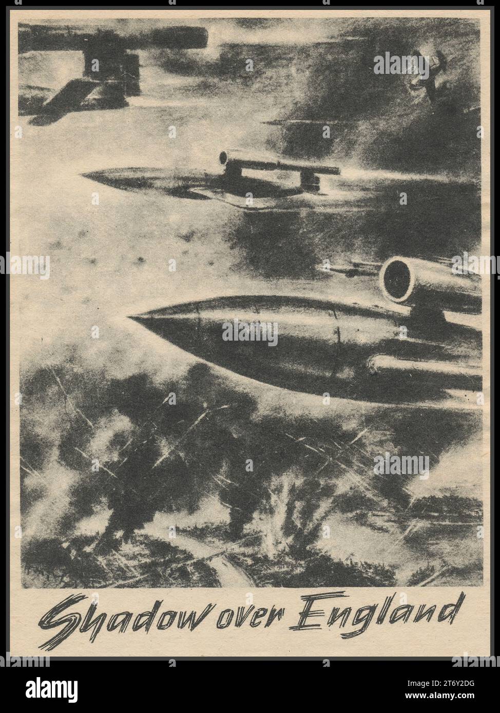 WW2 Nazi V1 Rocket Flying Bomb Propaganda Drop poster card 1940s, conçu pour terroriser le public britannique avec des bombardements civils aveugles. Titre 'OMBRE SUR L'ANGLETERRE' Seconde Guerre mondiale Seconde Guerre mondiale Allemagne nazie arme de terreur Banque D'Images