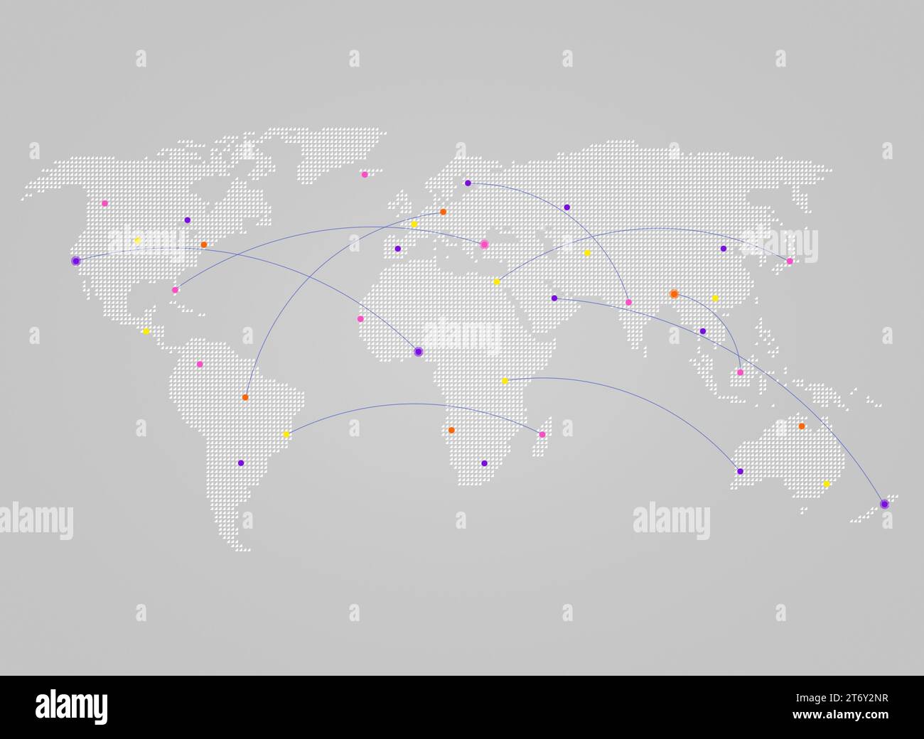 Carte du monde blanche faite de petits triangles sur fond gris avec des lignes courbes ou des trajectoires de vol reliant des points colorés comme des villes. Banque D'Images