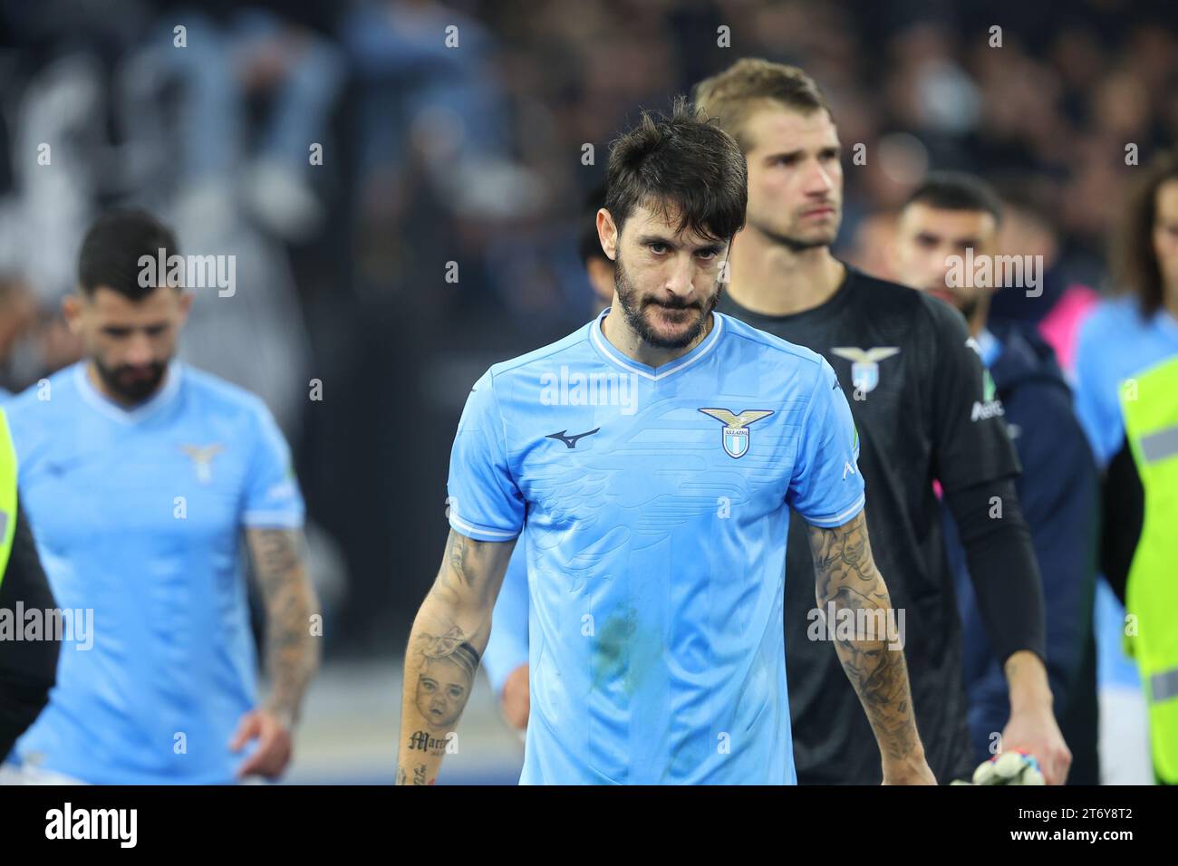 Rome, Italie 12.11.2023 : déception des joueurs Lazio à la fin de l'Italie Serie A TIM 2023-2024 jour 12, derby match de football SS Lazio vs AS Roma au Stade Olympique de Rome. Banque D'Images