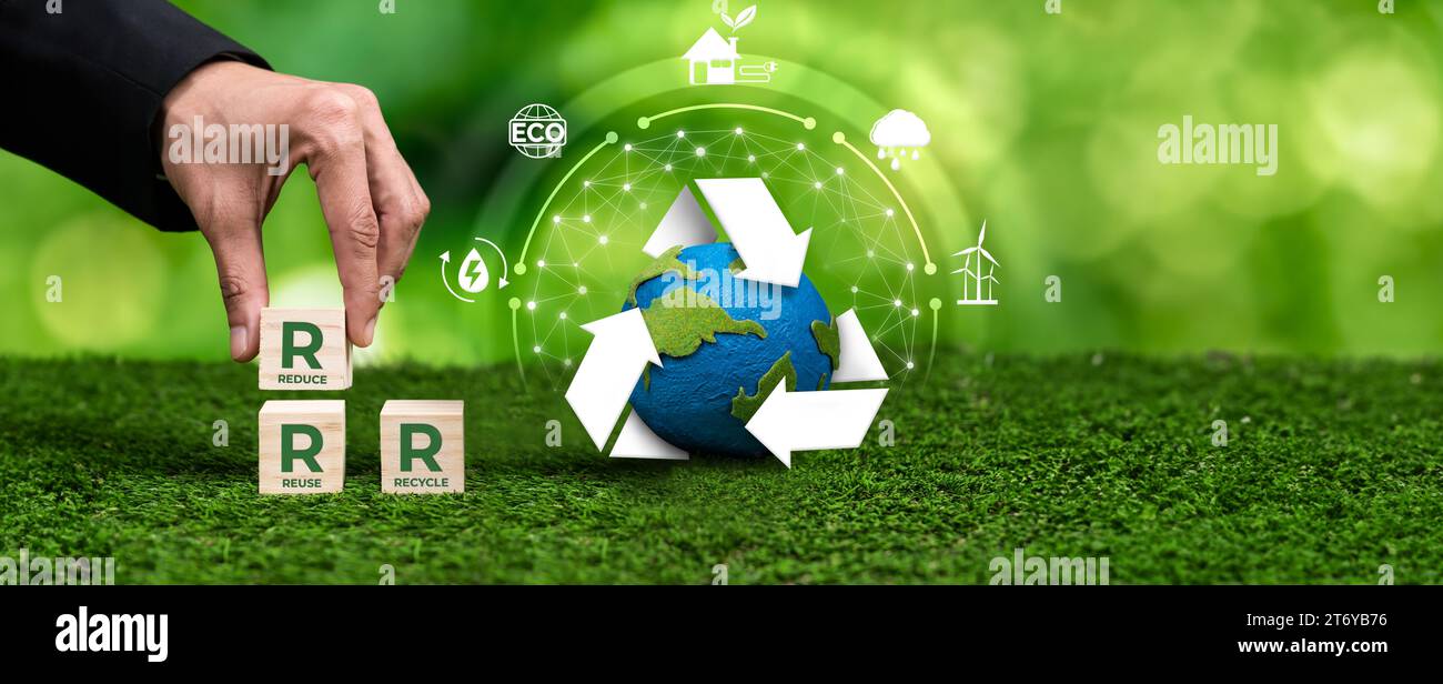 Engagement écologique de la société d'affaires vertes envers les pratiques RRR pour la durabilité environnementale avec gestion des déchets propres et recyclés pour Banque D'Images