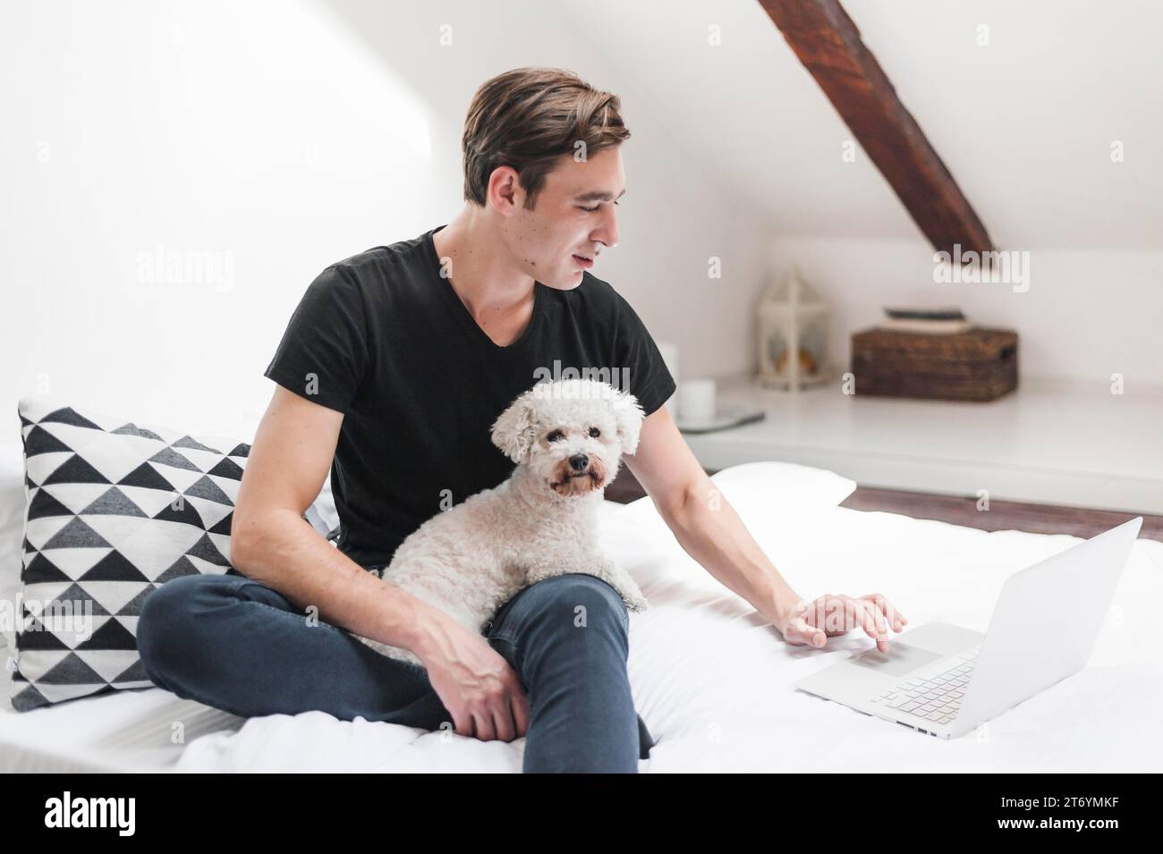 Propriétaire de portrait avec son chien amical à l'aide d'un ordinateur portable à la maison Banque D'Images
