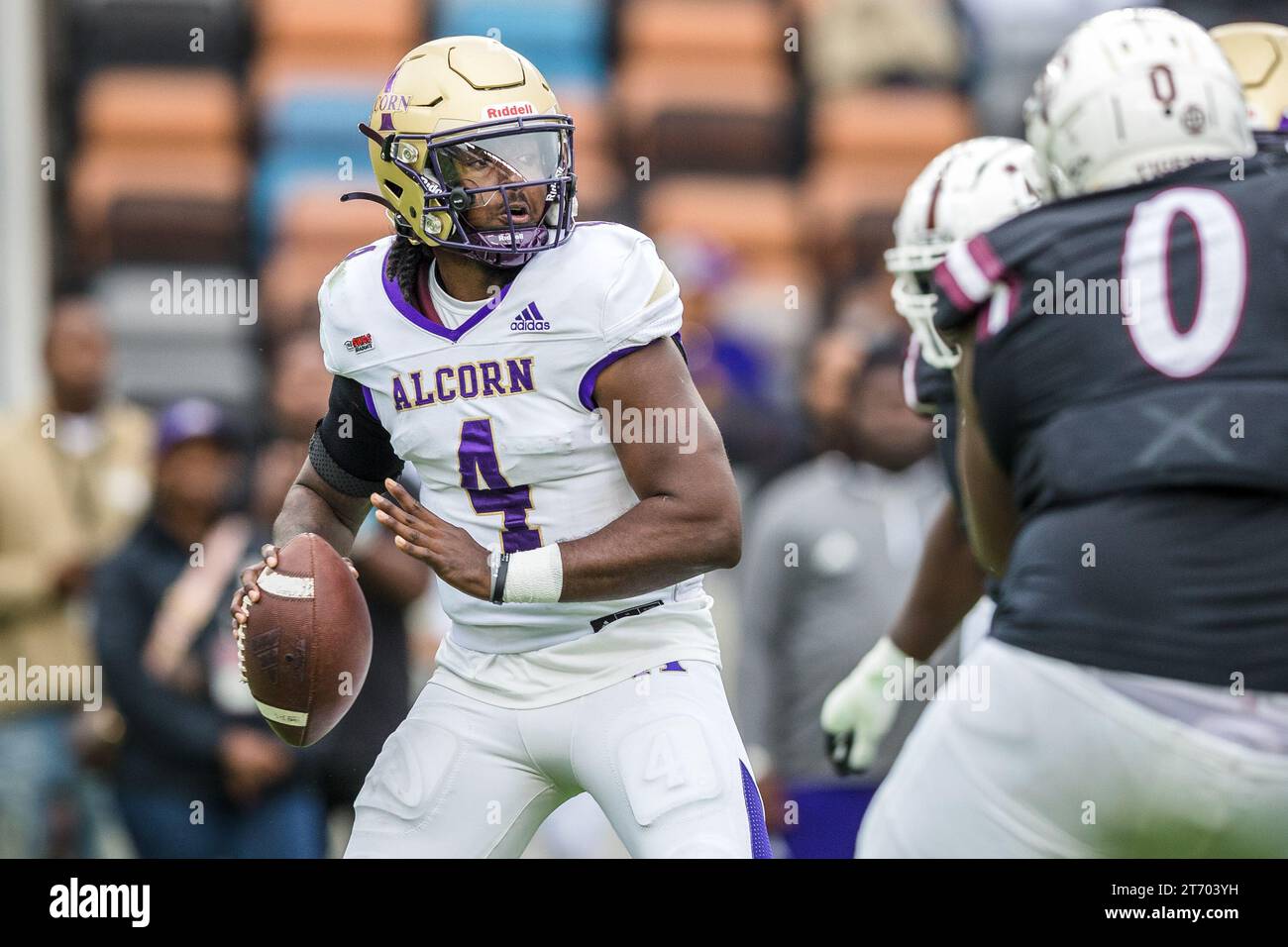 12 novembre 2023 : le quarterback Aaron Allen (4 ans) lance une passe lors du match de football de la NCAA entre les Alcorn State Braves et les Texas Southern Tigers au Shell Energy Stadium de Houston, Texas. Prentice C. James via Cal Sport Media(image de crédit : © Prentice C. James/Cal Sport Media) Banque D'Images