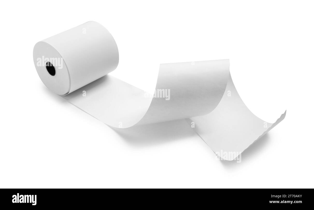 Rouleau de papier thermique pour réception isolé sur blanc Banque D'Images