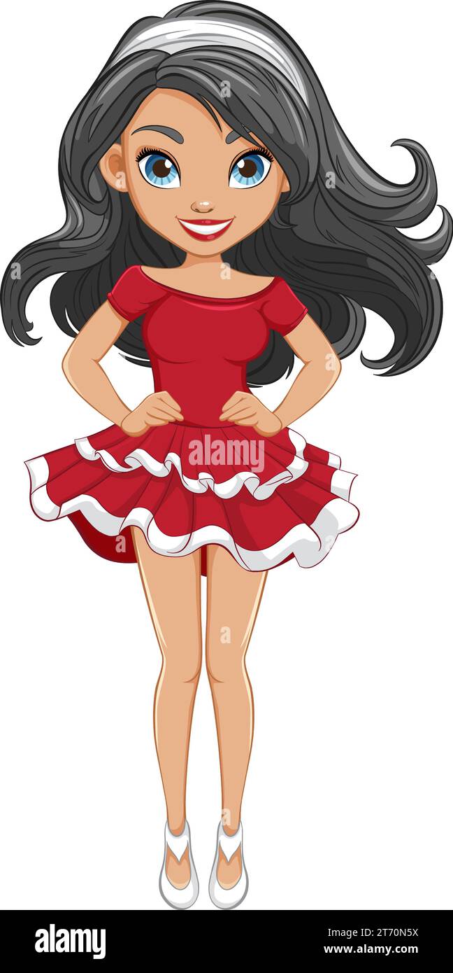 Un personnage de dessin animé étonnant avec des cheveux fluides et une mini robe élégante Illustration de Vecteur