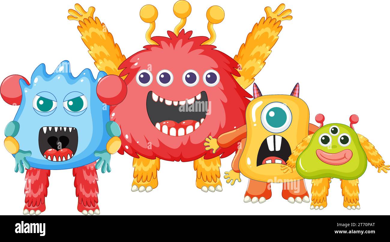 Un groupe d'adorables monstres extraterrestres de différentes couleurs Illustration de Vecteur
