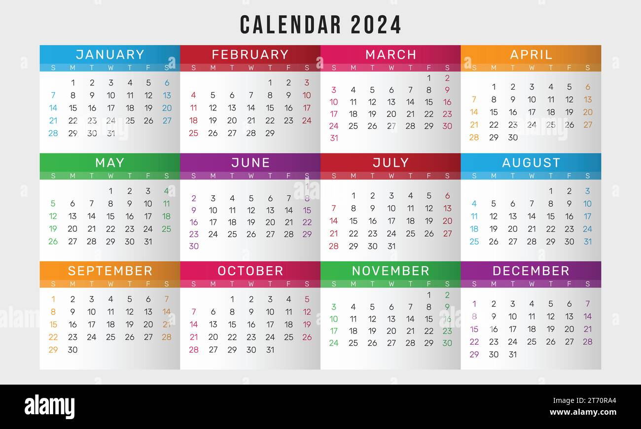 Modèle de conception vectorielle de calendrier coloré 2024, conception de calendrier propre simple année 2024 Illustration de Vecteur