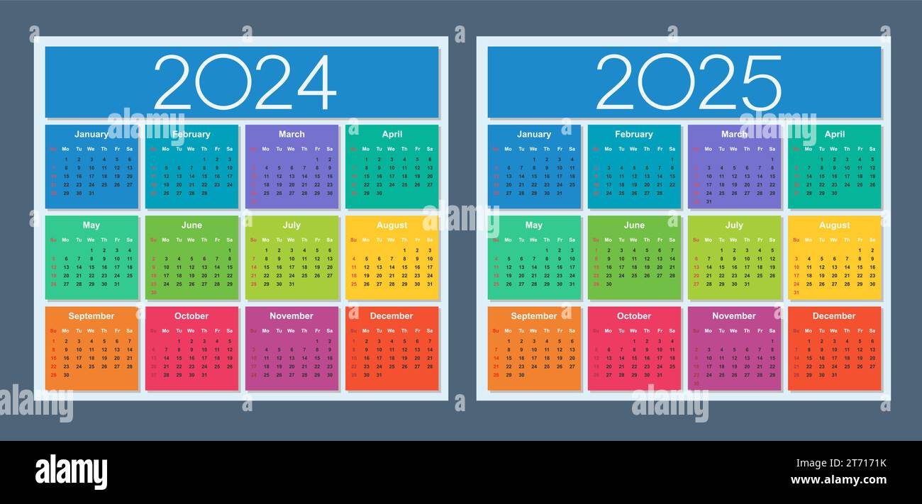 Calendrier coloré pour 2024 et 2025 ans. La semaine commence le