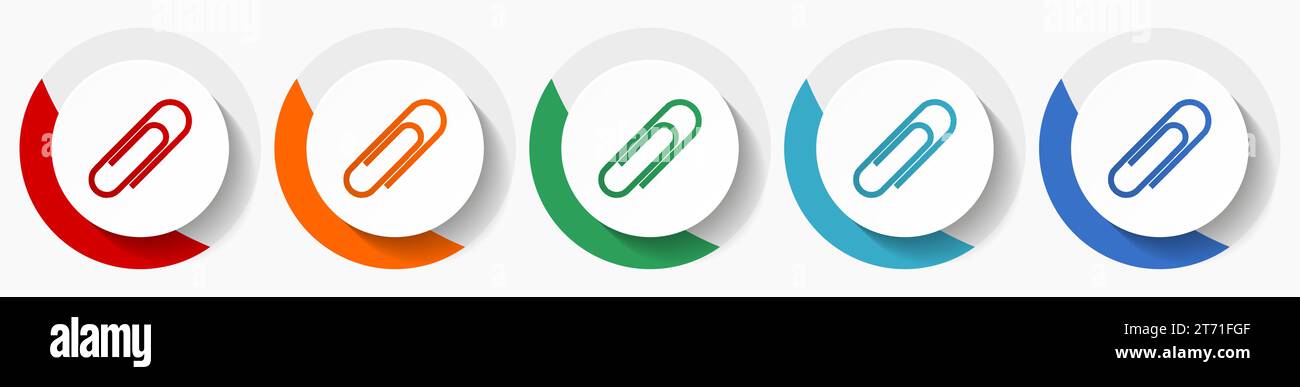 Ensemble d'icônes vectorielles de trombone, icônes rondes colorées de conception plate dans 5 options de couleur pour le webdesign et les applications mobiles Illustration de Vecteur