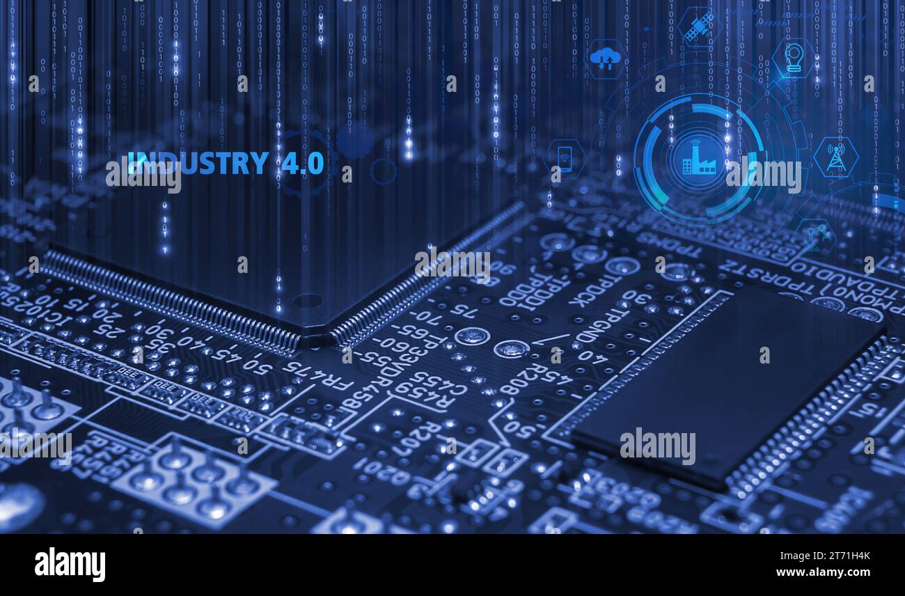 Carte électronique avec ci monté en surface et composants passifs en gros plan. Industrie 4,0 concept d'automatisation industrielle Banque D'Images