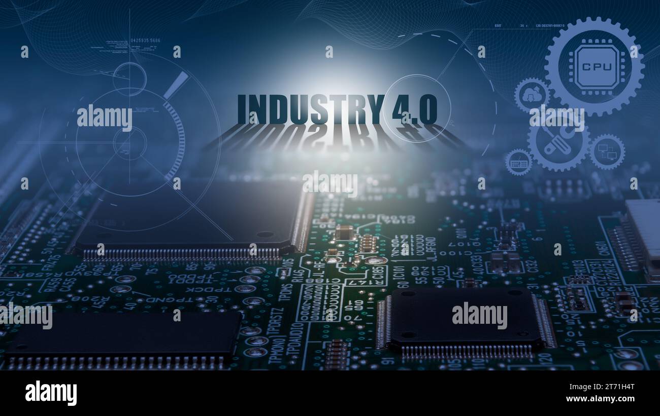 Carte électronique avec ci monté en surface et composants passifs en gros plan. Industrie 4,0 concept d'automatisation industrielle Banque D'Images