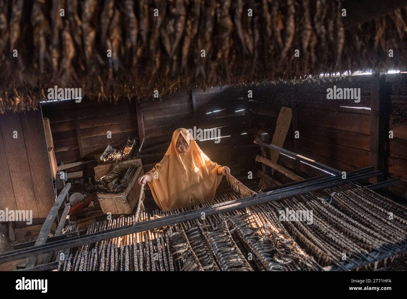 Kendari, Indonésie. 13 novembre 2023. Une femme fume du poisson. Le poisson fumé est une denrée locale qui est une source de subsistance et un pilier pour les communautés côtières de Batu Gong, Konawe. (Photo Andry Denisah/SOPA Images/Sipa USA) crédit : SIPA USA/Alamy Live News Banque D'Images
