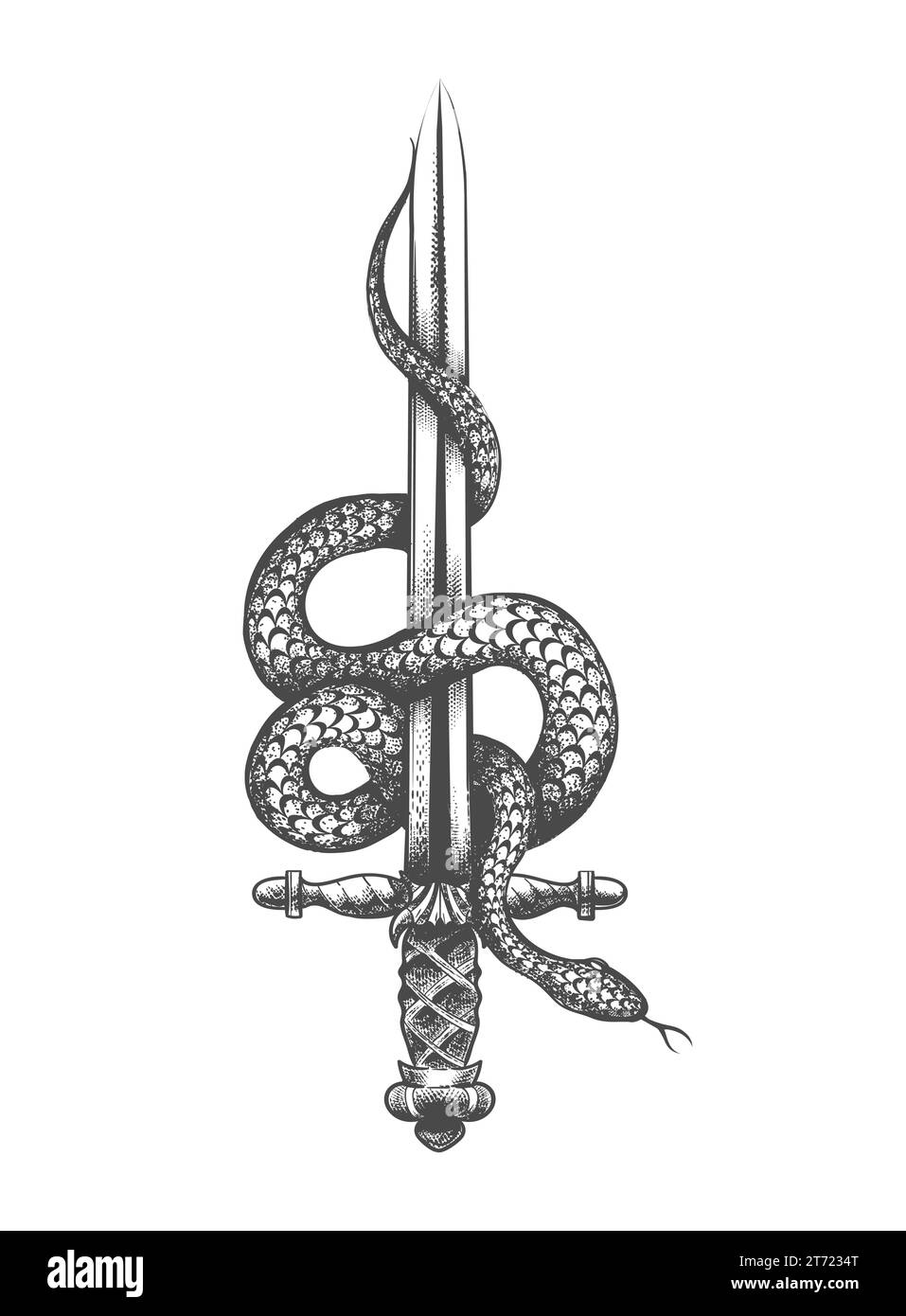 Serpent enroulé autour de l'épée montante Valor et courage Symbol Tattoo isolé sur blanc. Illustration vectorielle. Illustration de Vecteur