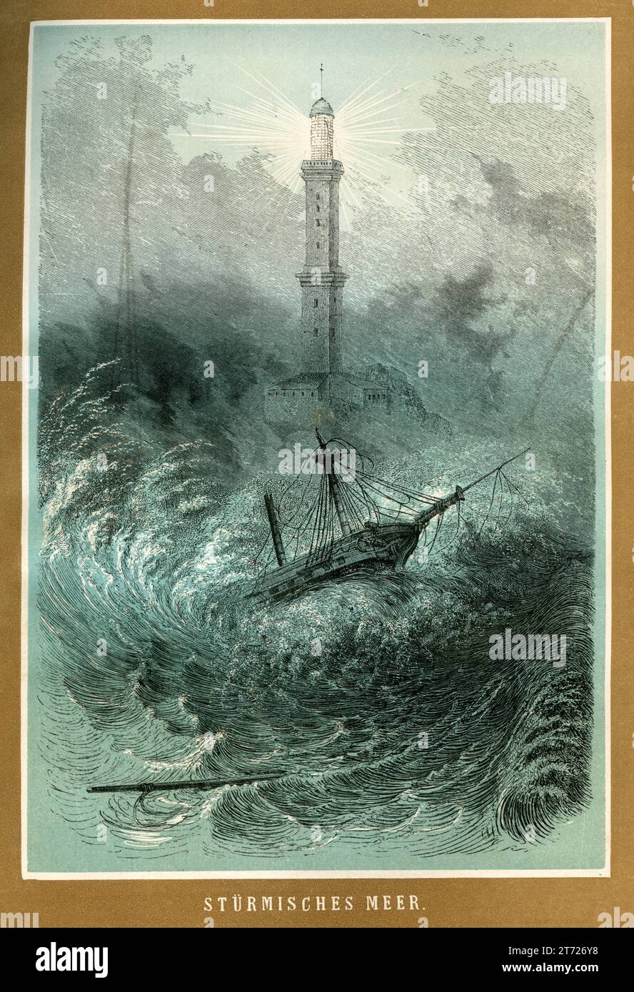 Schiff in der stürmischen See, im hintergrund ein Leuchtturm , Motiv aus : ' Das Leben des Meeres ' , von Georg Hartwig , Verlag von Carl Flemming , Glogau , 1862 . / Bateau en mer orageuse , en arrière-plan un phare , image de : ' Das Leben des Meeres ' , par Georg Hartwig, maison d'édition Carl Flemming , Glogau, 1862 . Banque D'Images