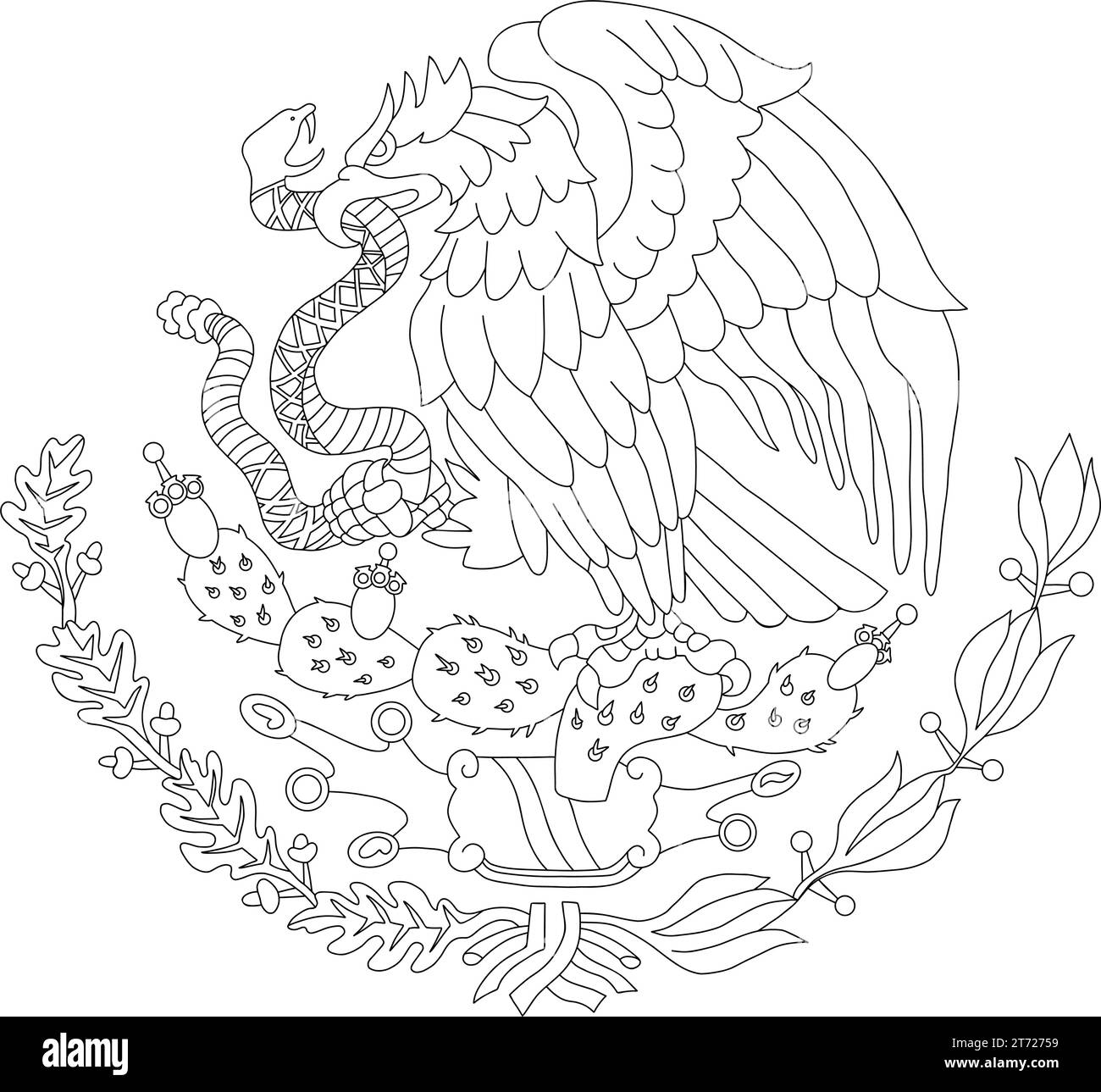 Armoiries mexicaines avec aigle et serpent. Emblème du drapeau à colorier mexicain. Illustration vectorielle. Illustration de Vecteur