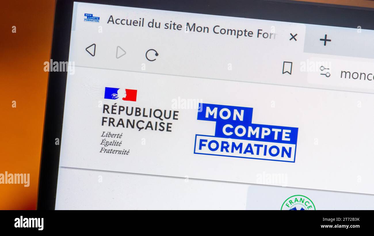 Détail du site Internet du gouvernement français mon compte formation (moncompteformation.fr) permettant aux personnes de postuler à des formations professionnelles Banque D'Images