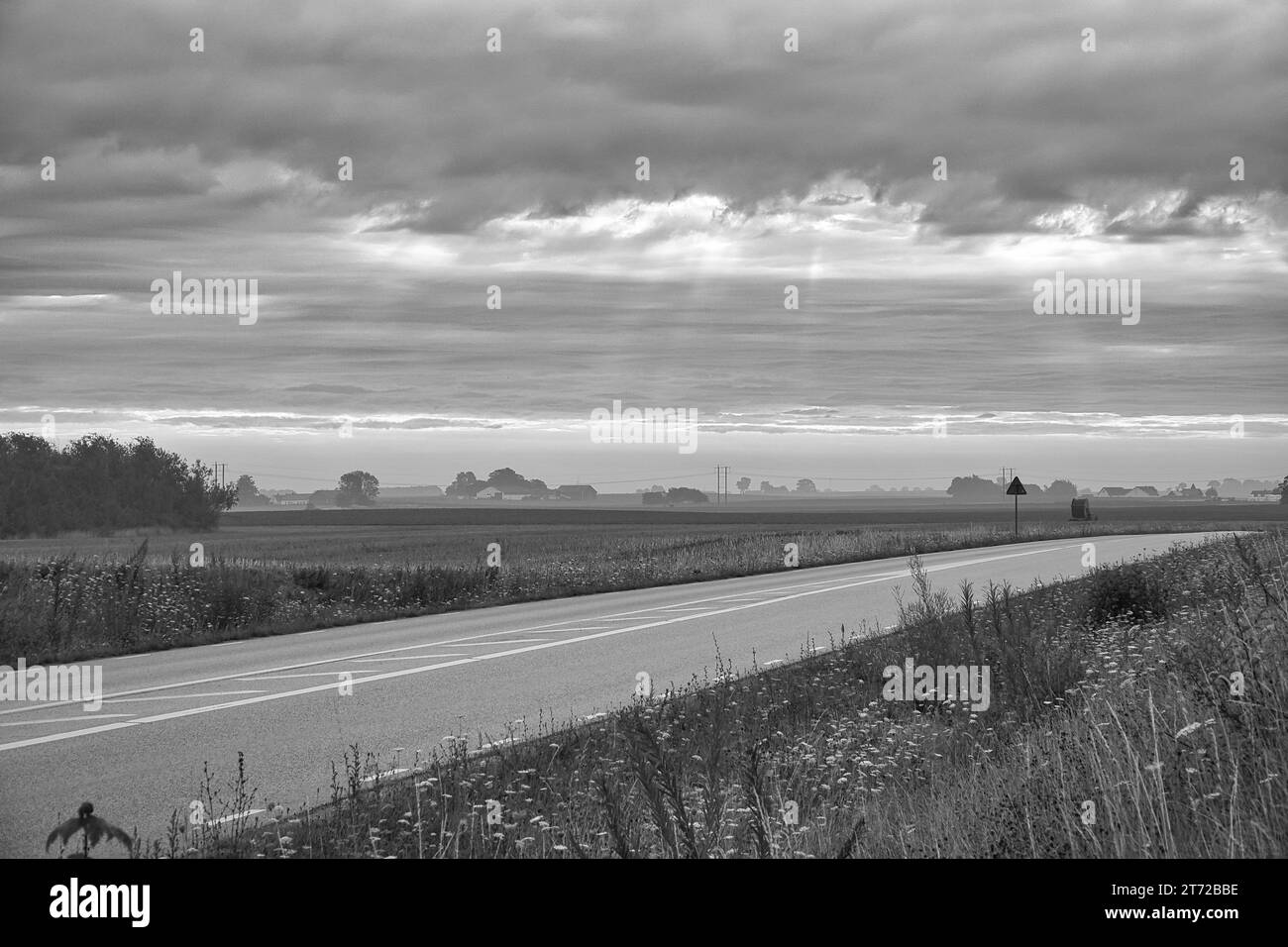 Route de campagne avec courbe mène à travers les champs agricoles en noir et blanc. Nuages lourds dans le ciel. Paysage photographié depuis la Suède Banque D'Images