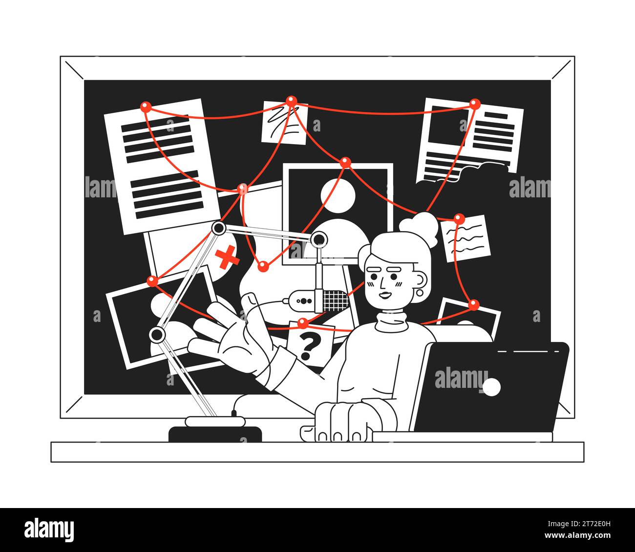 Femme caucasienne véritable passionné de crime noir et blanc personnage de dessin animé 2D. Illustration de Vecteur