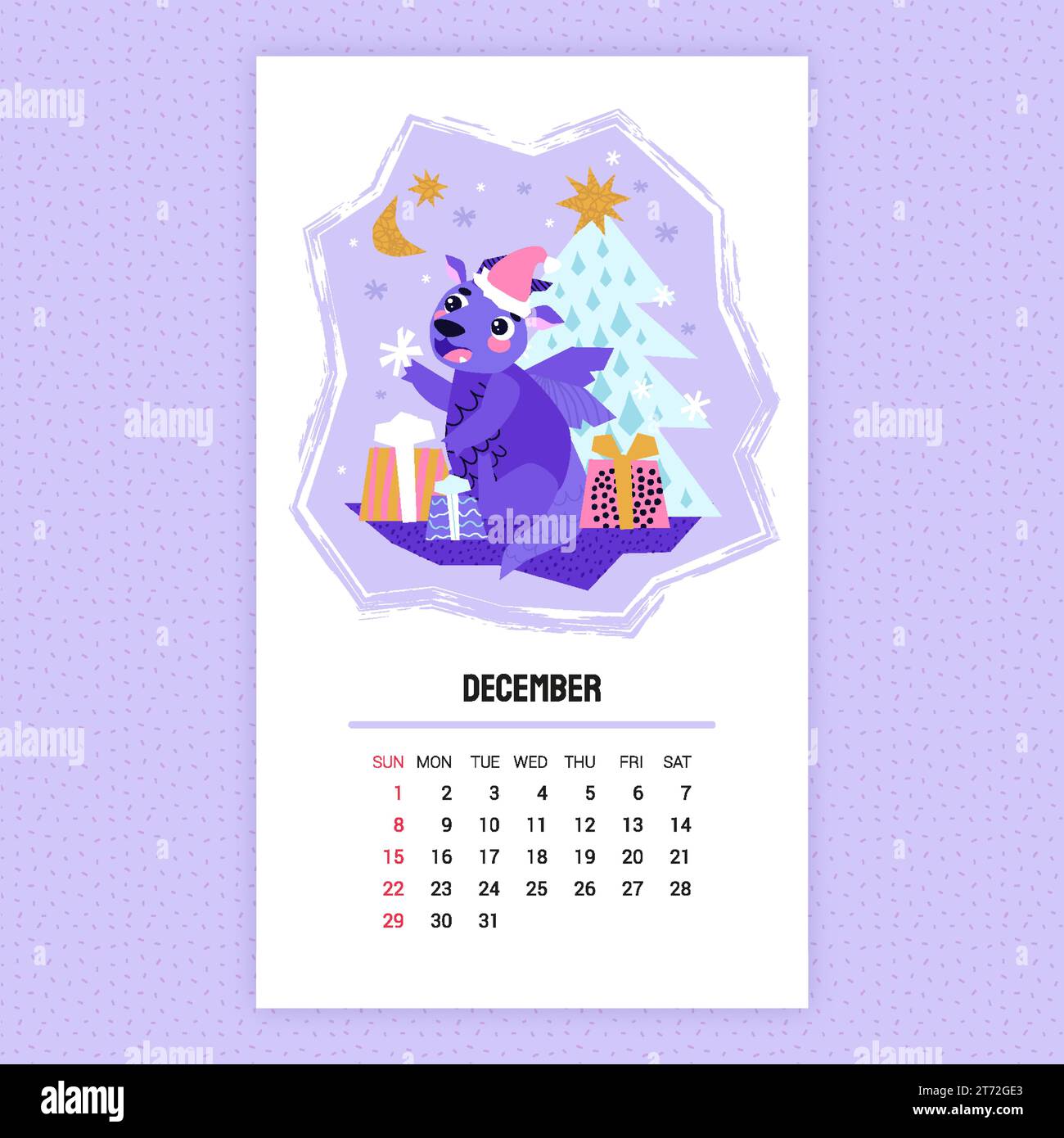 Calendrier Dragon 2023. Décembre. Cadeaux d'emballage Dragon. Saison des cadeaux. Décembre. Noël d'hiver. Chapeau de Père Noël. Bonne année. Illustration de Vecteur