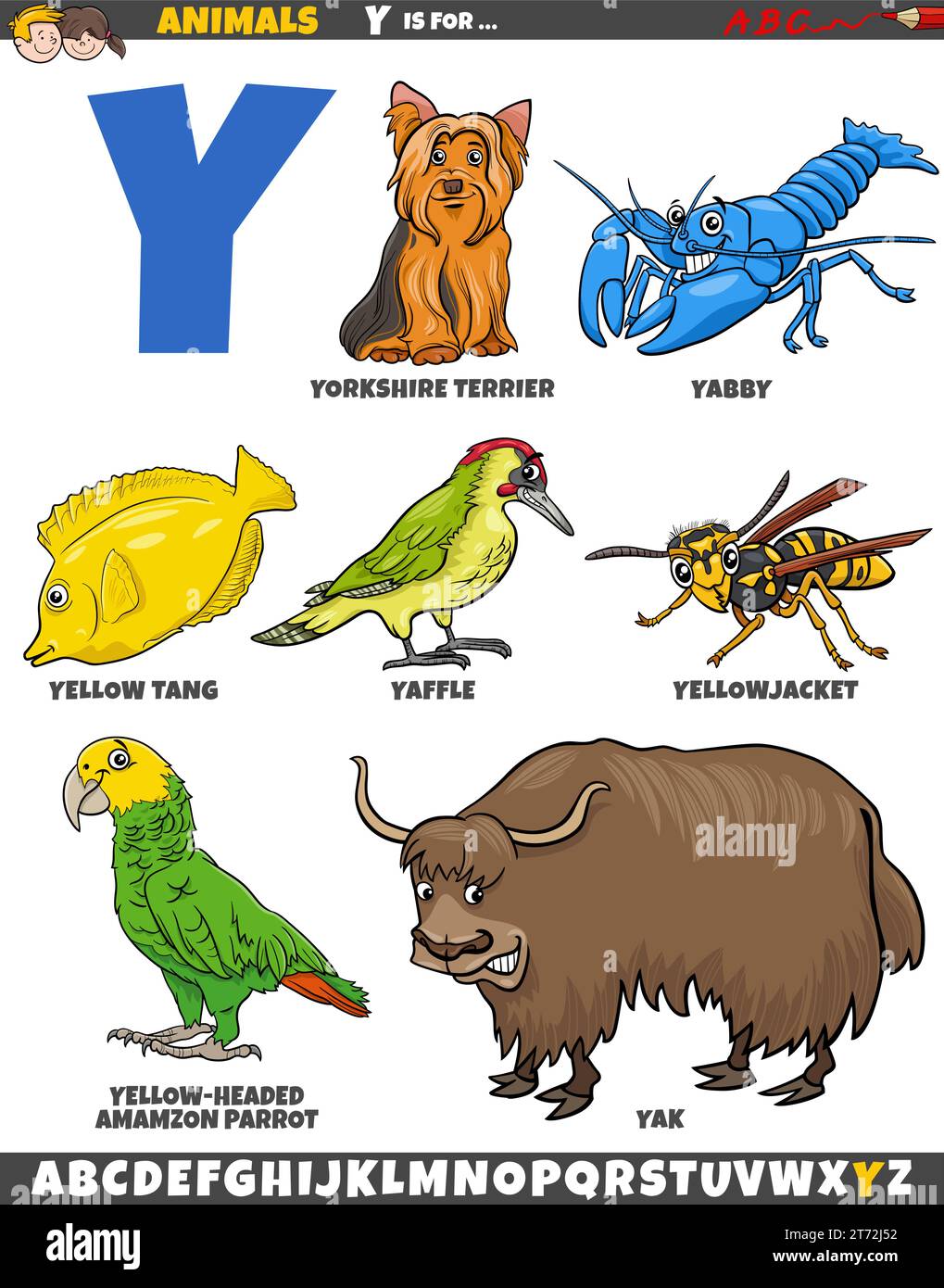 Illustration de dessin animé de caractères animaux définis pour la lettre Y. Illustration de Vecteur