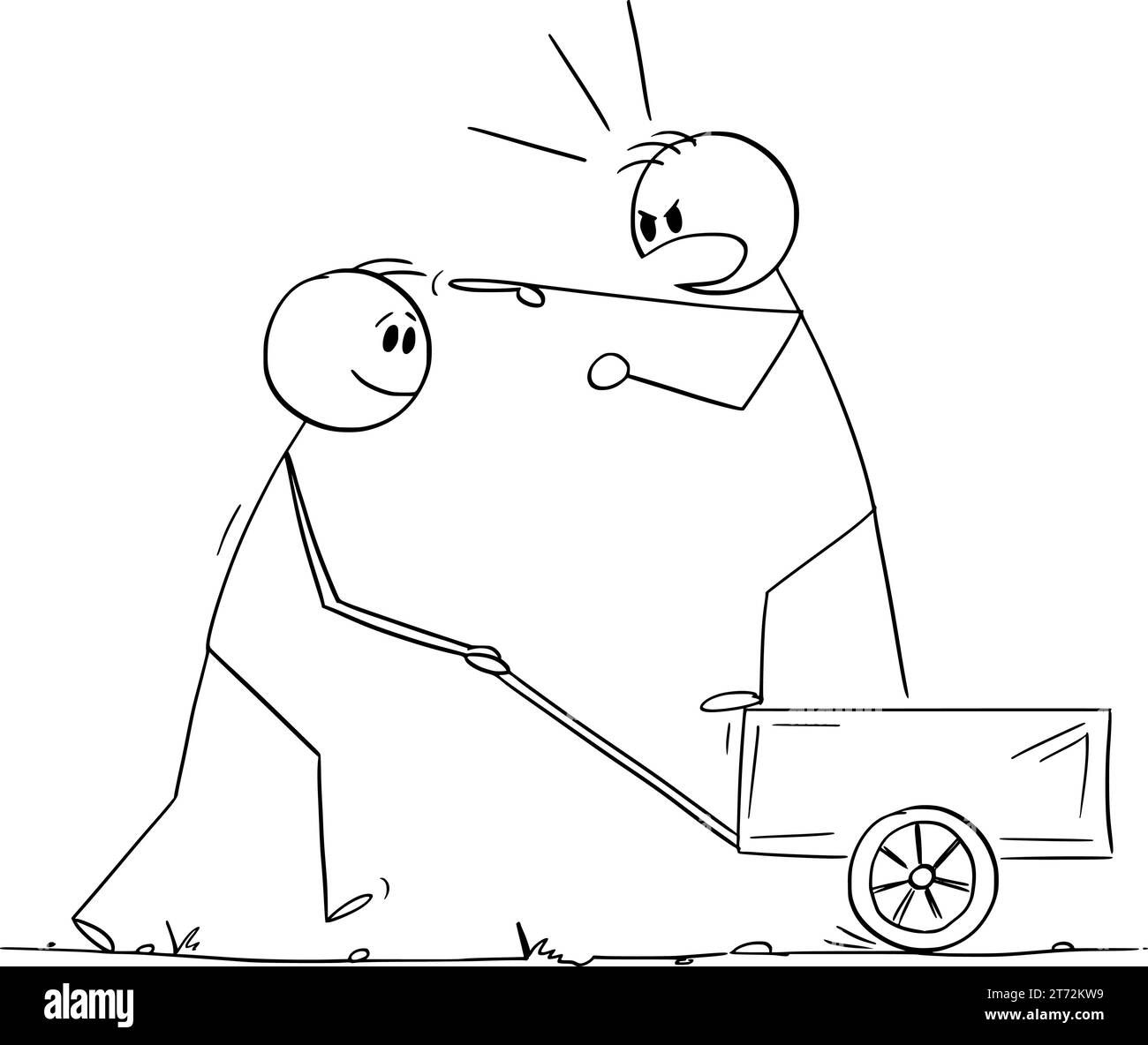 Travailleur poussant le bossage sur le chariot dans la mauvaise direction, Vector Cartoon Stick Figure Illustration Illustration de Vecteur