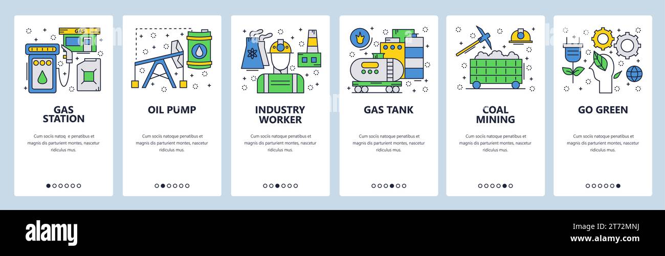 Écrans d'intégration du site Web. Industrie de l'énergie électrique, station d'essence et pompe à huile. Modèle de bannière de vecteur de menu pour le développement de sites Web et d'applications mobiles. Mode Illustration de Vecteur