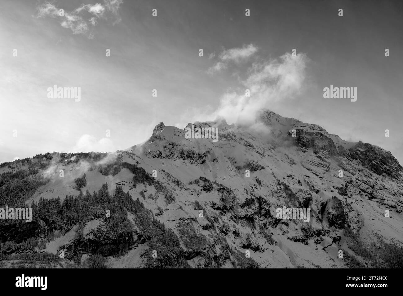 Montagnes enneigées et leur lac en noir et blanc Banque D'Images