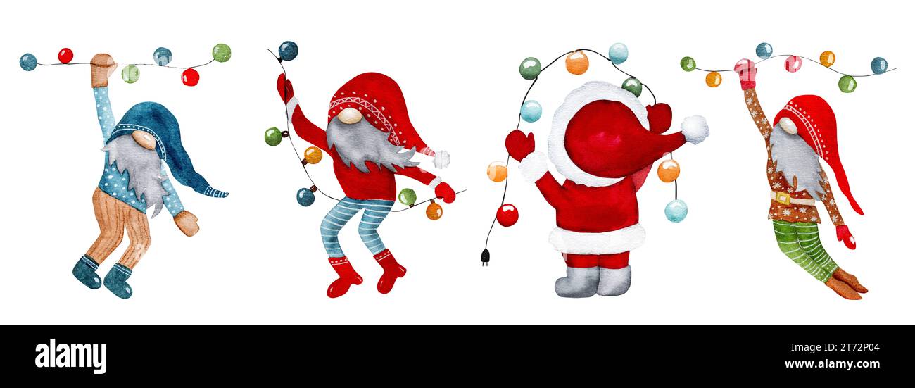 Aquarelle Illustration de Noël Gnome dans le style scandinave, Un ensemble de gnomes pour la célébration du nouvel an Banque D'Images