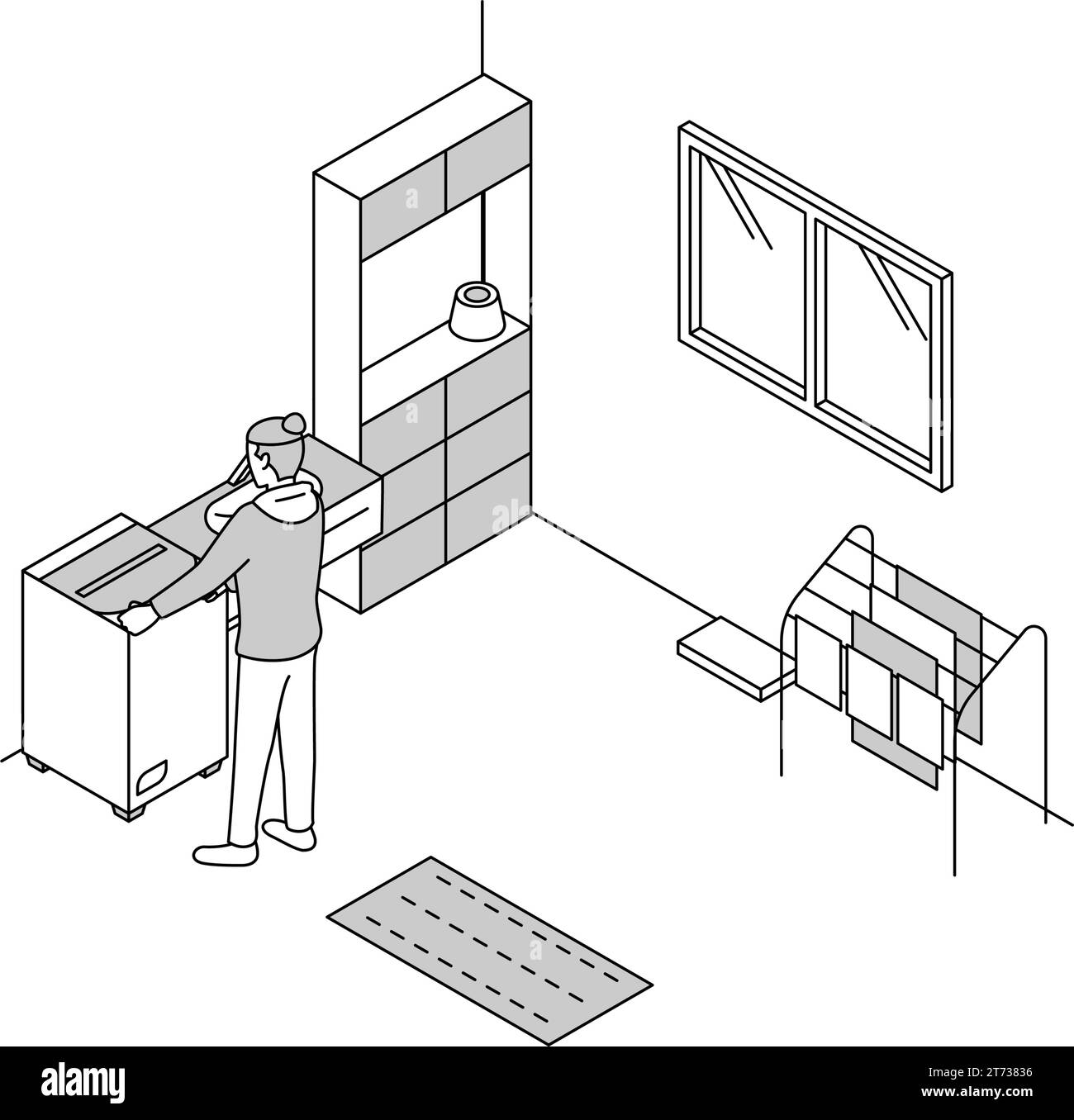 Problèmes de bruit dans les propriétés de location: Blanchisserie tard le soir/tôt le matin, illustration Vector Illustration de Vecteur
