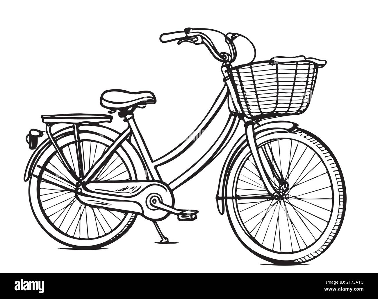 Illustration dessinée à la main de vecteur de vélo de ville dans le style dessiné à la main à l'encre. Vélo avec cadre traversant, porte-valise et panier en osier avant. Illustration de Vecteur