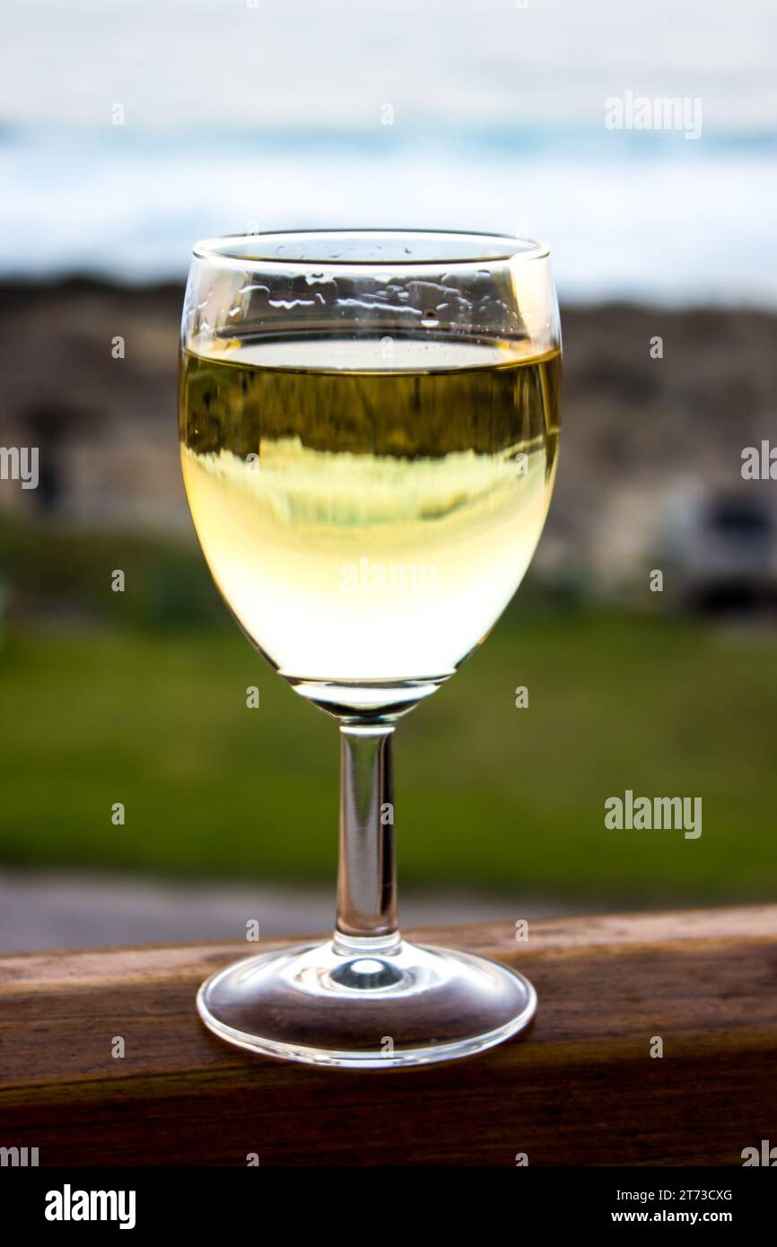 Les vagues se brisant le long de la côte rocheuse de Tsitsikamma, en Afrique du Sud, se reflètent dans un seul verre de vin blanc Banque D'Images