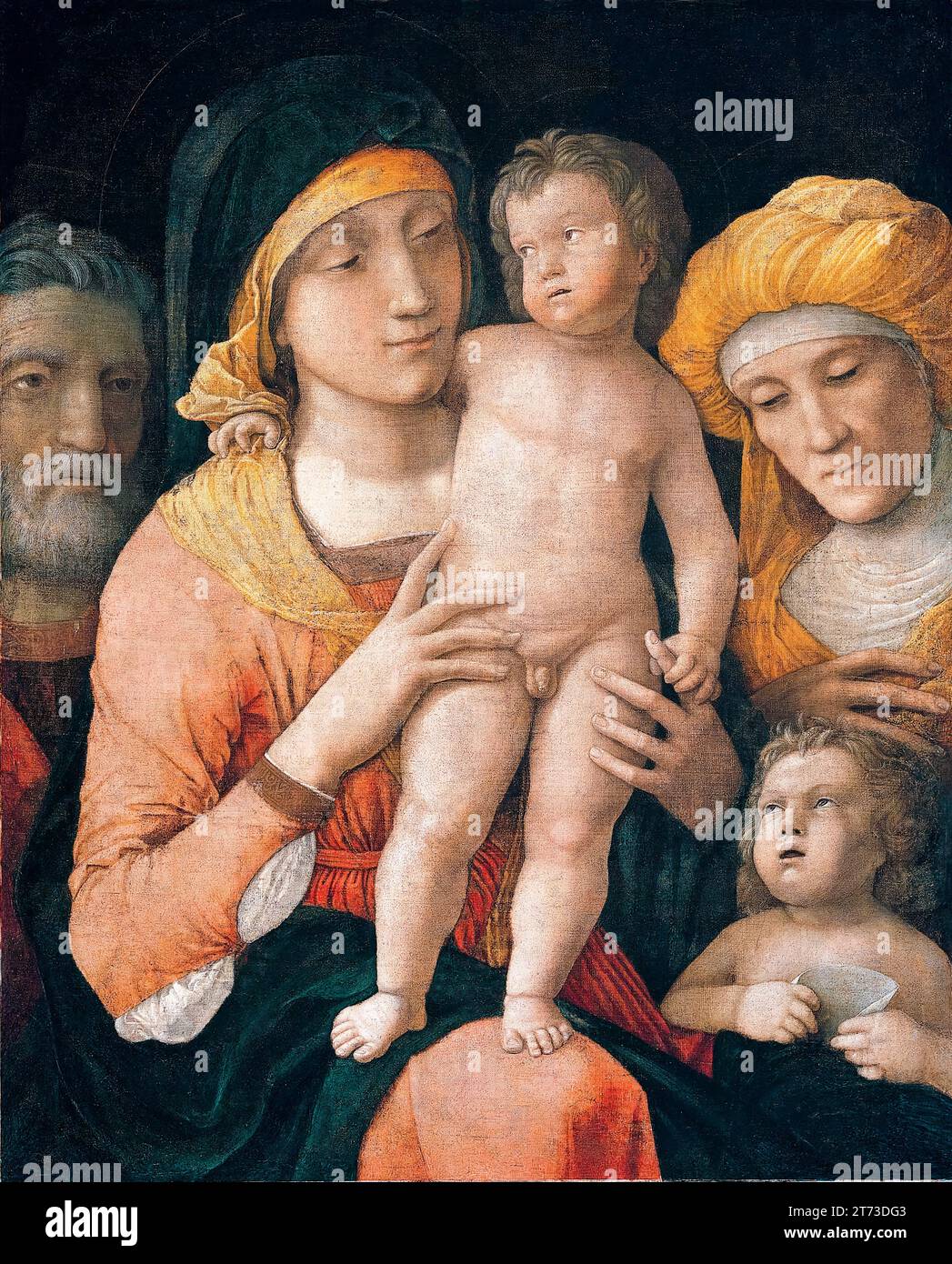 Andrea Mantegna, la Vierge à l'enfant avec Saint Joseph, Sainte Elizabeth et l'enfant Saint Jean Baptiste, peinture en distemper, huile et feuille d'or sur toile, 1490 Banque D'Images
