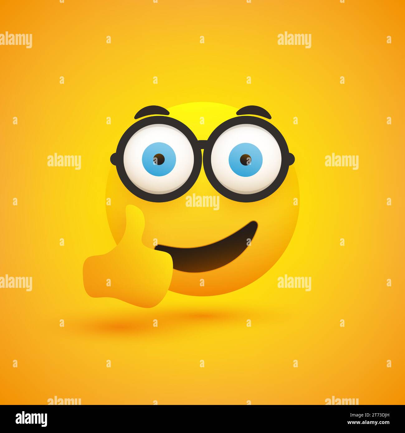 Drôle surpris, satisfait souriant Emoji avec des lunettes et Pop Out Wide Open Big Blue Eyes montrant Thumbs Up - simple Happy Emoticon sur Yellow Backgrou Illustration de Vecteur