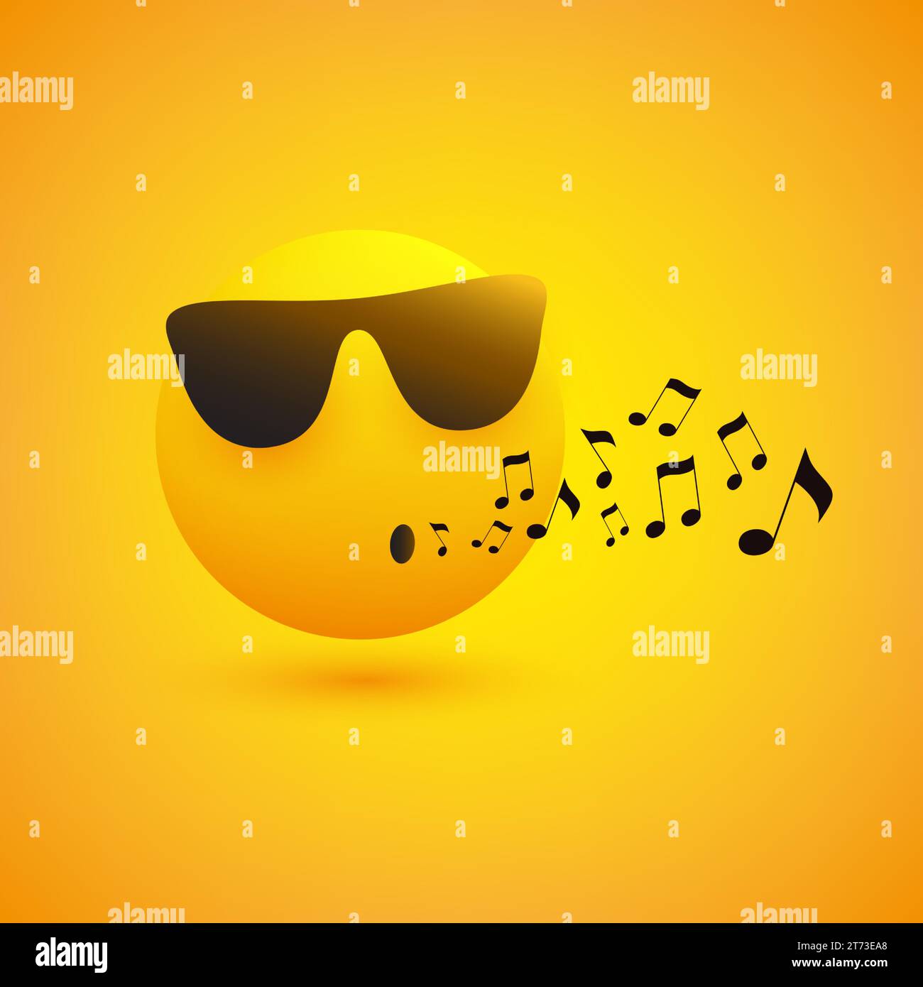 Chanter ou siffler Emoji - visage d'émoticône portant des lunettes de soleil sur fond jaune - concept de conception vectorielle Illustration de Vecteur