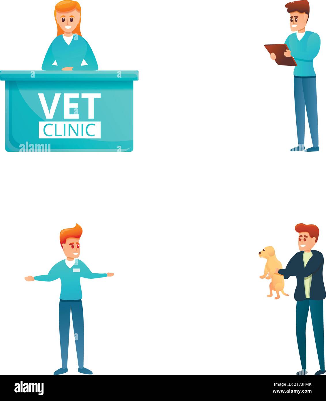 Icônes de clinique vétérinaire Set vecteur de dessin animé. Personnel médical et client avec animal de compagnie. Soins aux animaux Illustration de Vecteur