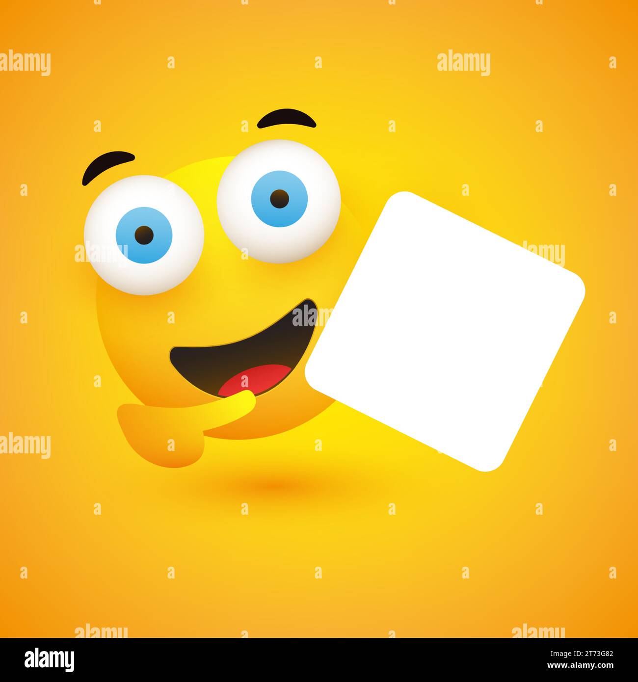 Sourire Emoji avec les grands yeux ouverts tenant et pointant vers un grand blanc blanc blanc carte en forme de carré Inscription - modèle Emoticon avec CopySpace, PL Illustration de Vecteur