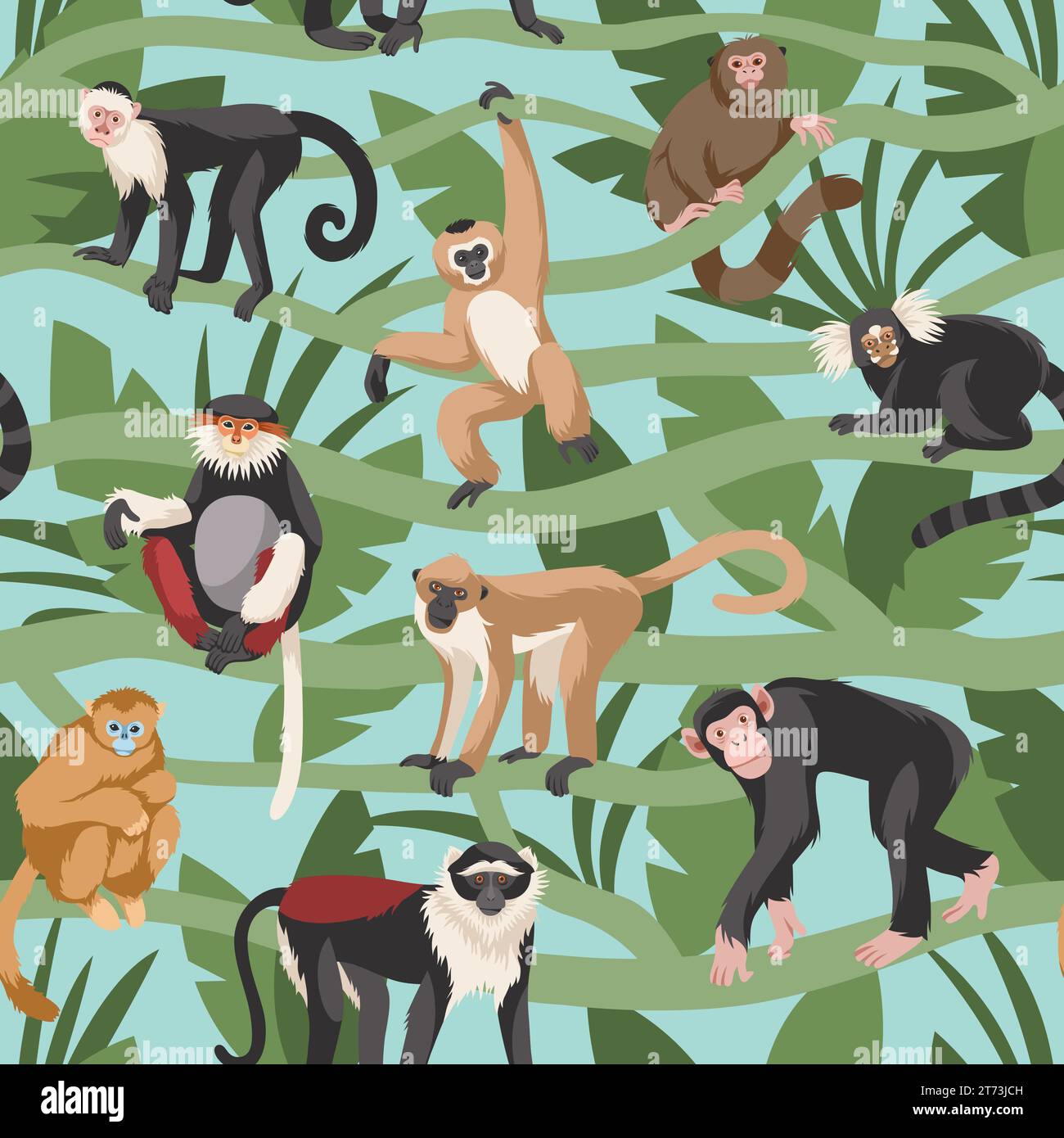 Motif sans couture de singes. Forêt tropicale avec lianes et différentes races de primates drôles, diverses poses dans les feuilles, textile enfantin, papier d'emballage Illustration de Vecteur