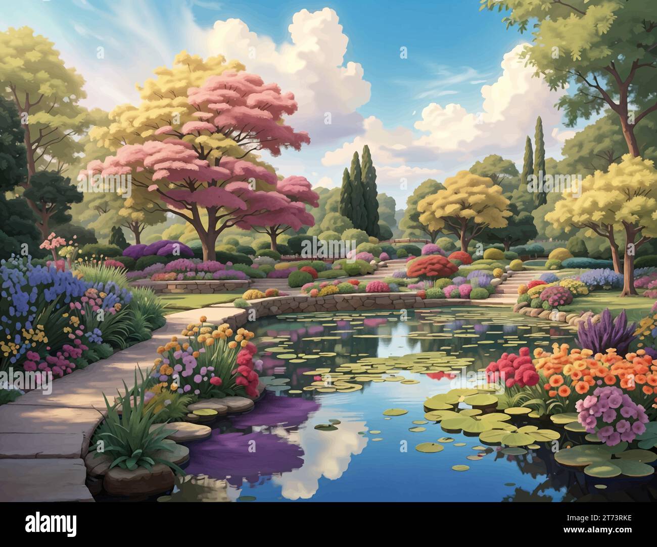 Superbe peinture de paysage est un chef-d'œuvre de couleurs vibrantes. L'artiste a créé une image captivante, en utilisant des coups de pinceau audacieux et un vibrant. Illustration de Vecteur