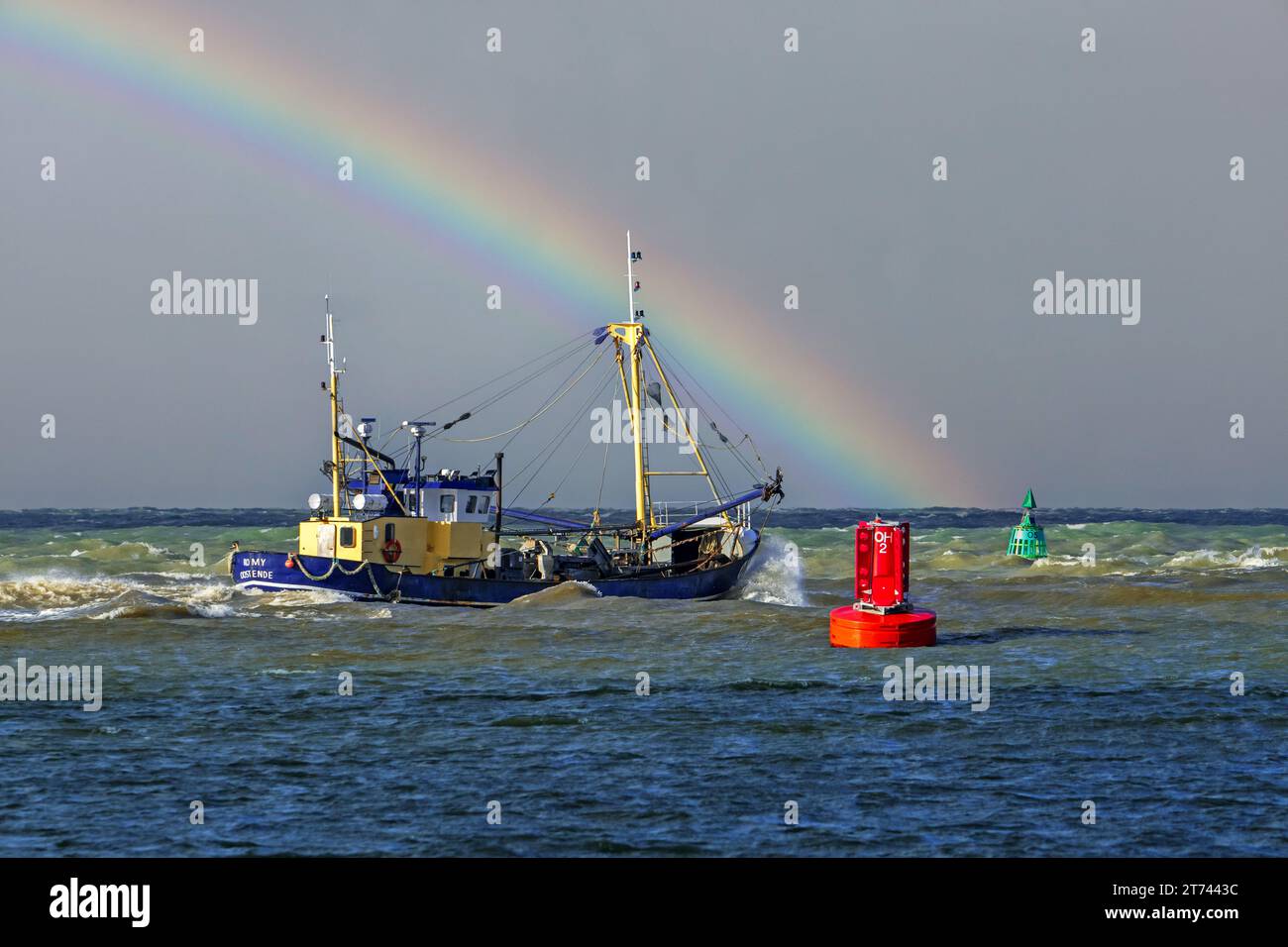 Crevette coupeur 0,191 Romy quittant le port d'Ostende pour aller au chalutage de fond pour les crevettes le long de la côte de la mer du Nord par une journée orageuse, en Belgique Banque D'Images